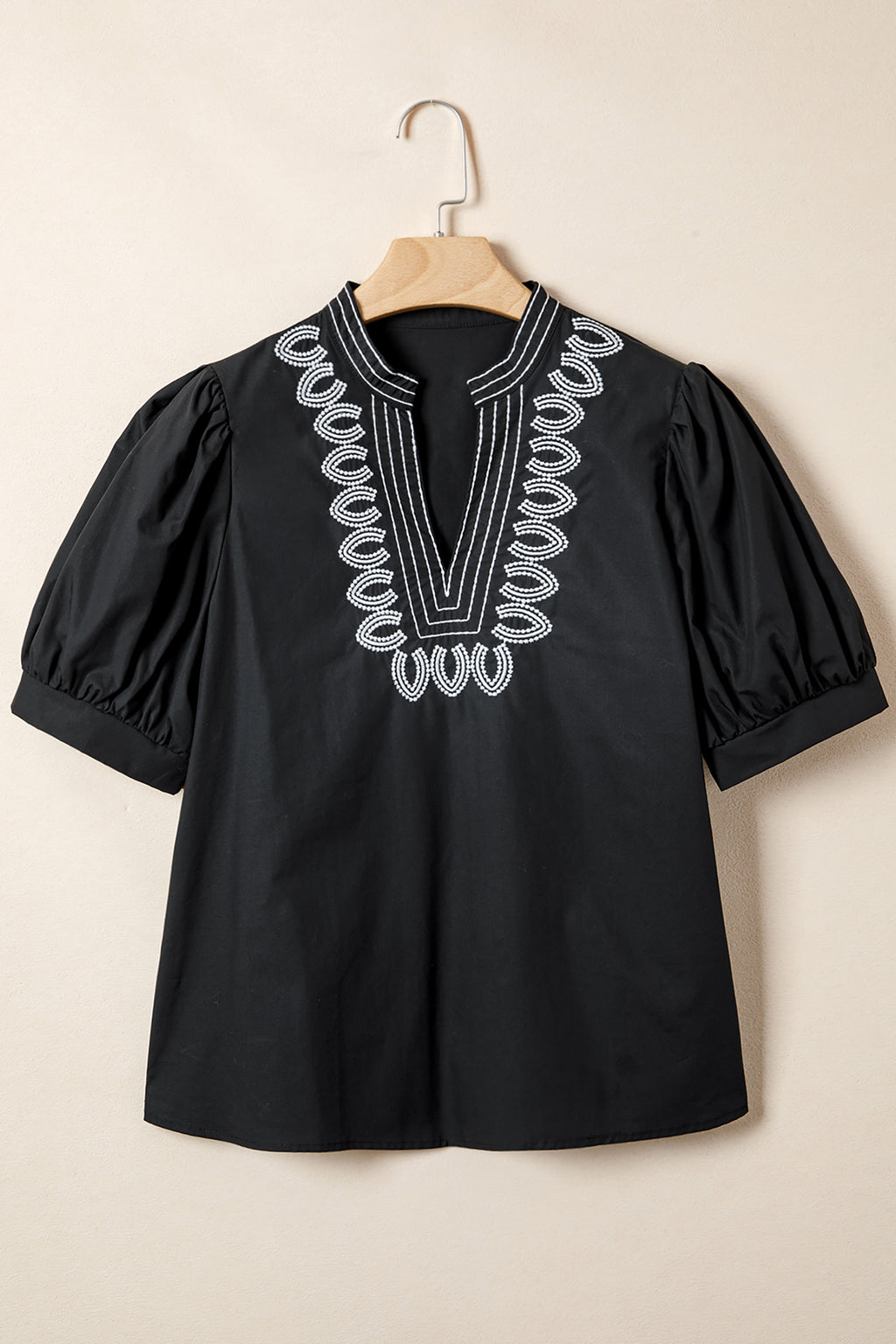 Shop Black Embroidered V Neck Puff Sleeve Blouse Women's Top at LivelyLooks