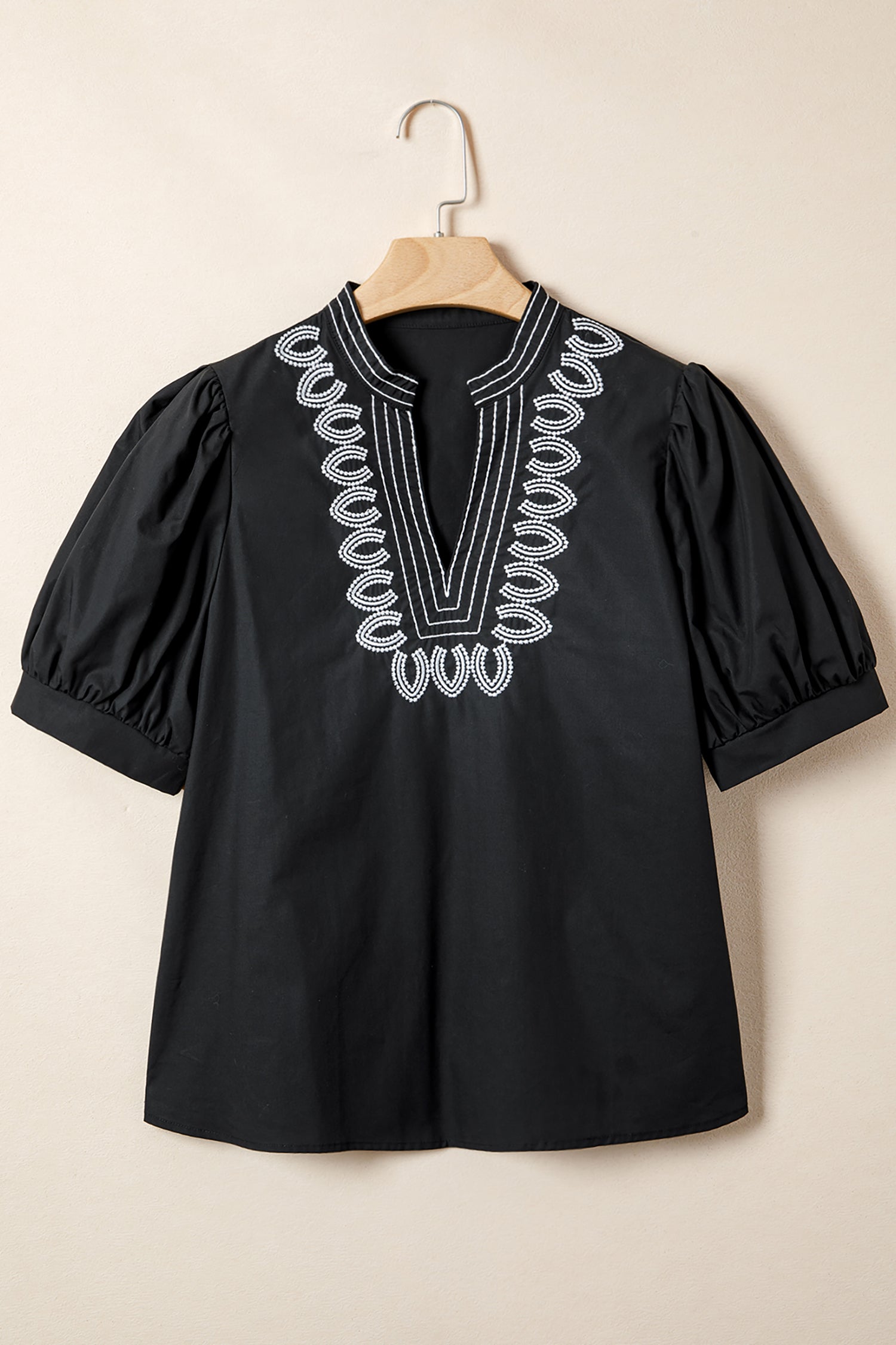 Shop Black Embroidered V Neck Puff Sleeve Blouse Women's Top at LivelyLooks