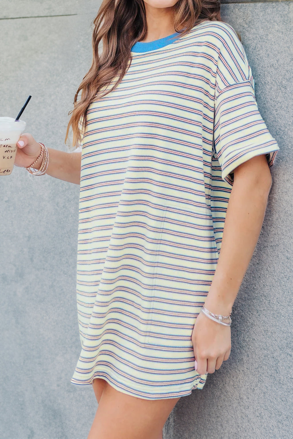 White Stripe Drop Shoulder Cuffed Sleeve Loose Tunic Mini Dress S-XL