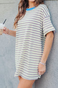 White Stripe Drop Shoulder Cuffed Sleeve Loose Tunic Mini Dress S-XL