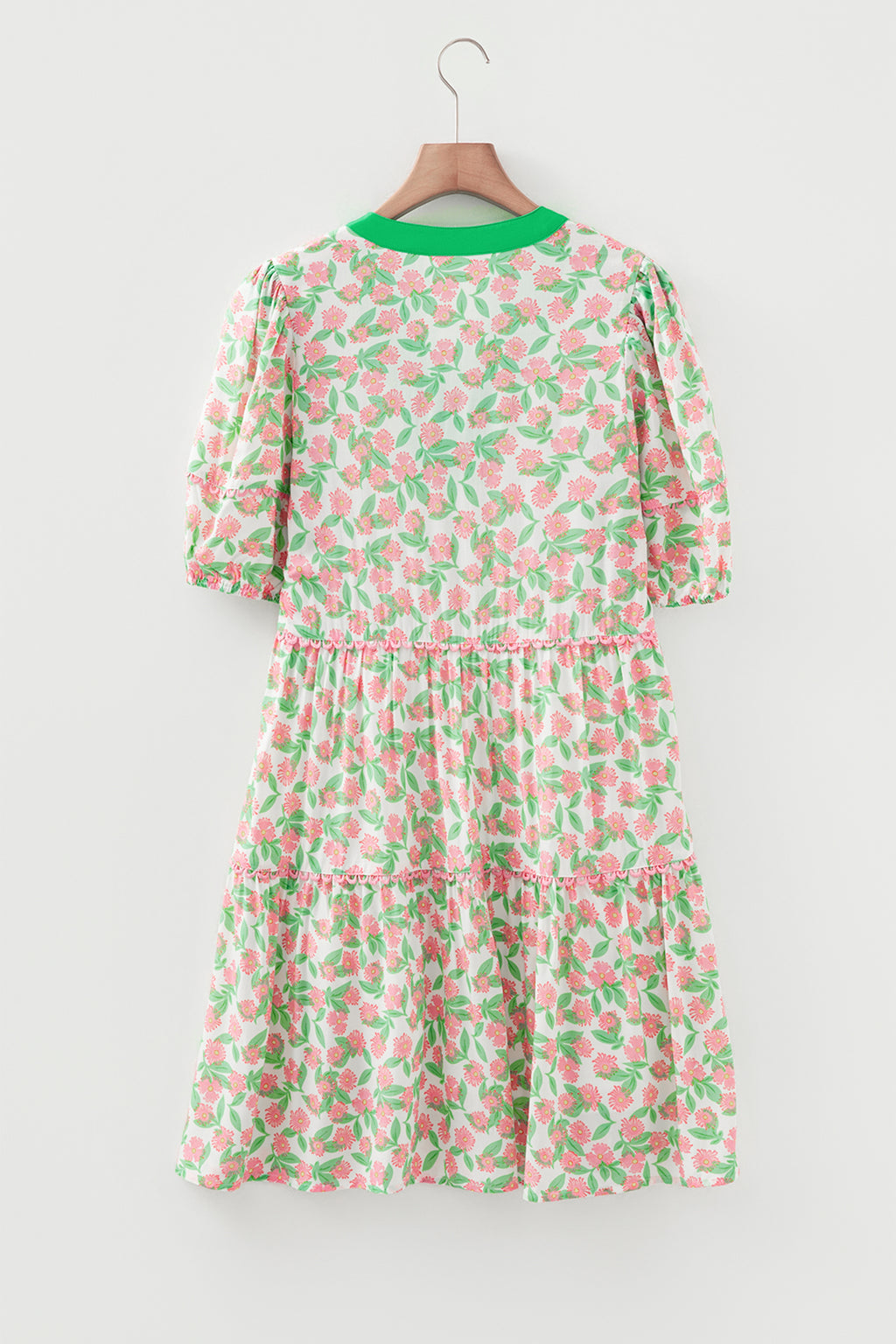 Shop Green Floral Ricrac Trim Babydoll Mini Dress Puff Sleeve V-Neck S-XL at LivelyLooks