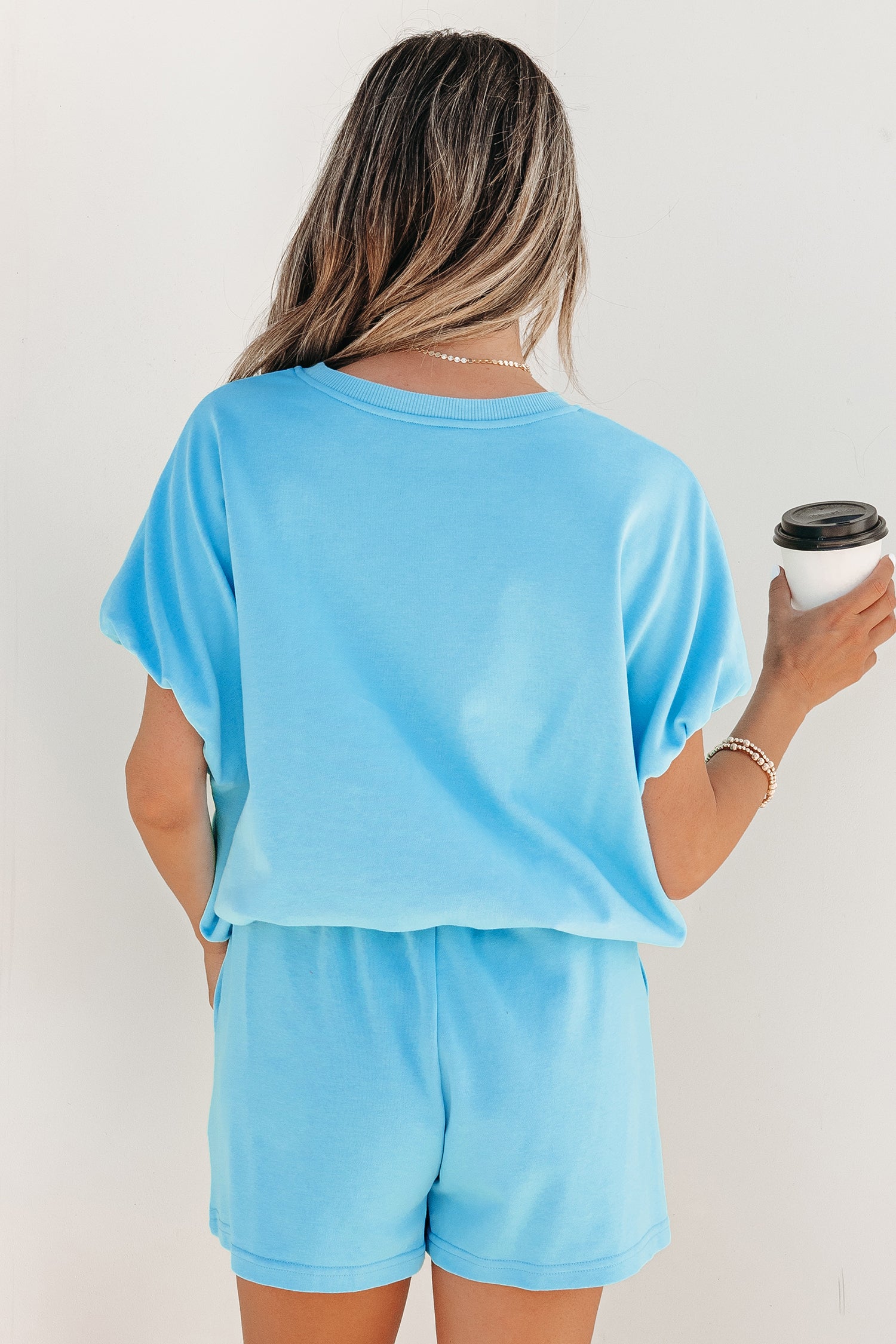 Puffy Loose Top & Drawstring Shorts Set – Smoke Grey & Light Blue