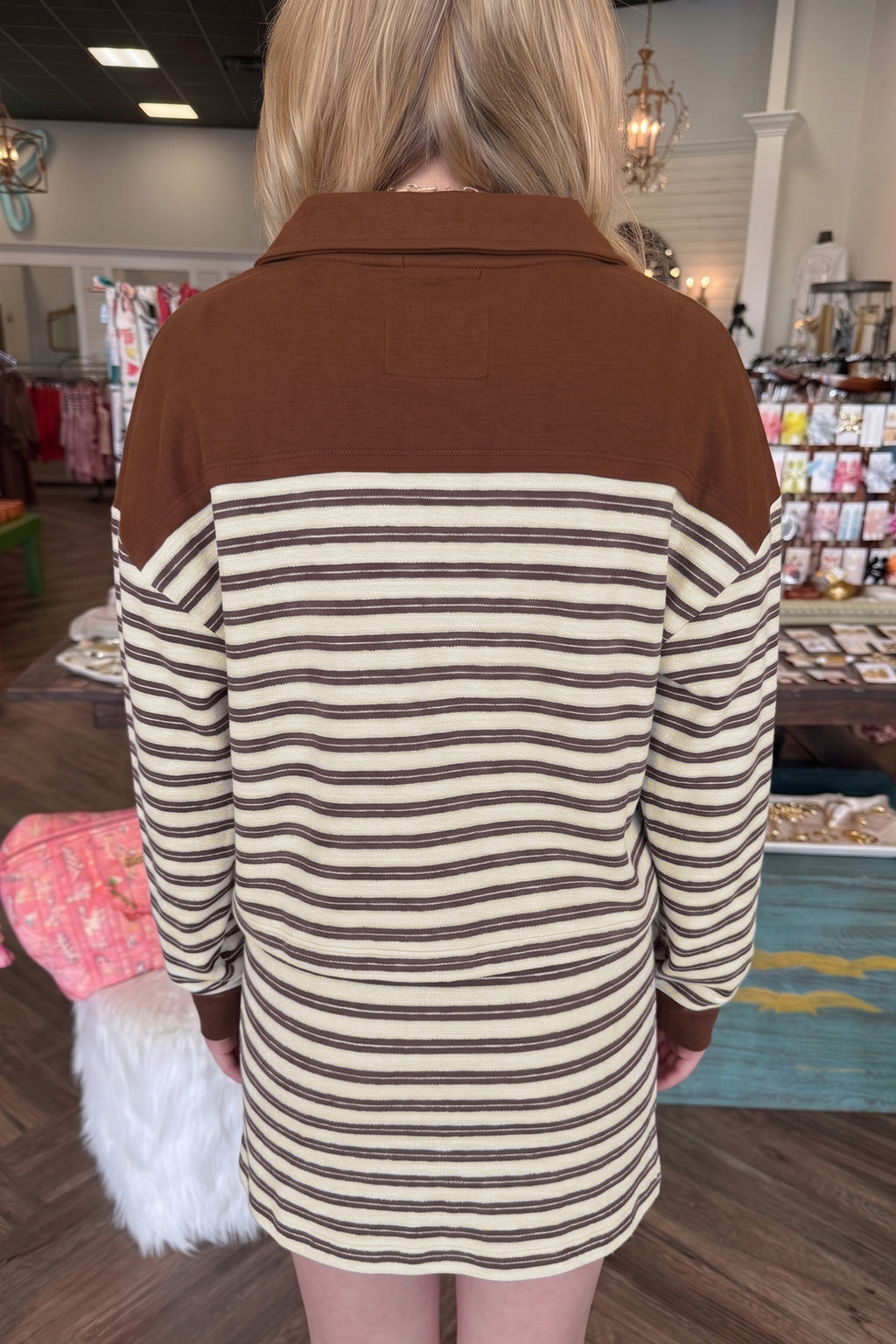 Brown Stripe Contrast Trim Long Sleeve Top & Drawstring Mini Skirt Set | UK 8–22