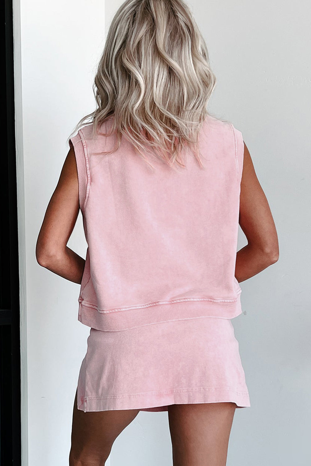 Women's Light Pink 2 Pieces Mineral Wash Cotton Tank Top Lined Split Skirt Set at LivelyLooks