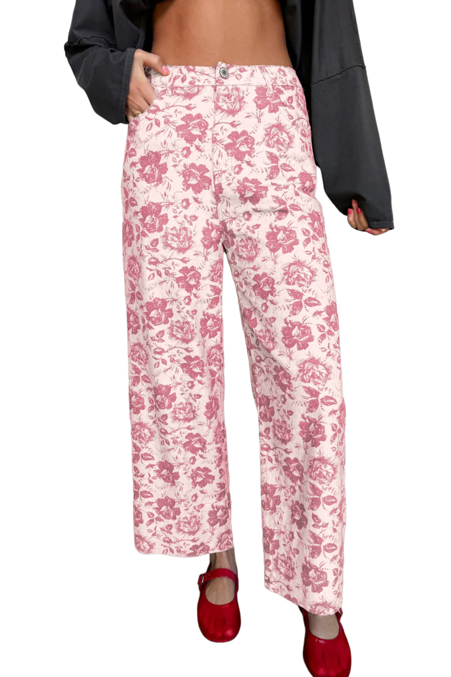 Pink Vintage Floral Print Wide Leg Denim Jeans | Sizes 4–16