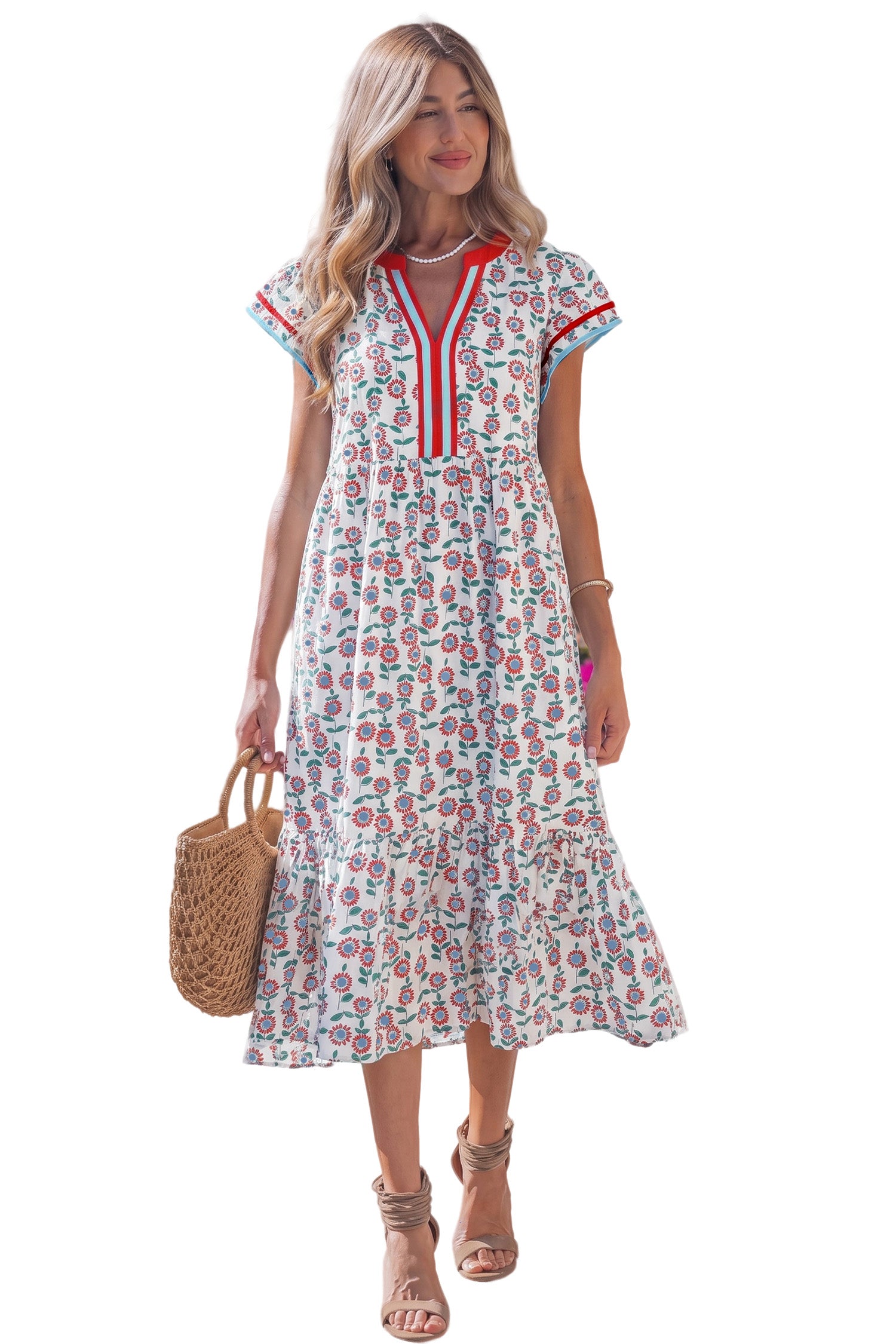 Sunflower Print Flutter Sleeve Maxi Dress Striped Trim Sky Blue Red UK 8-22