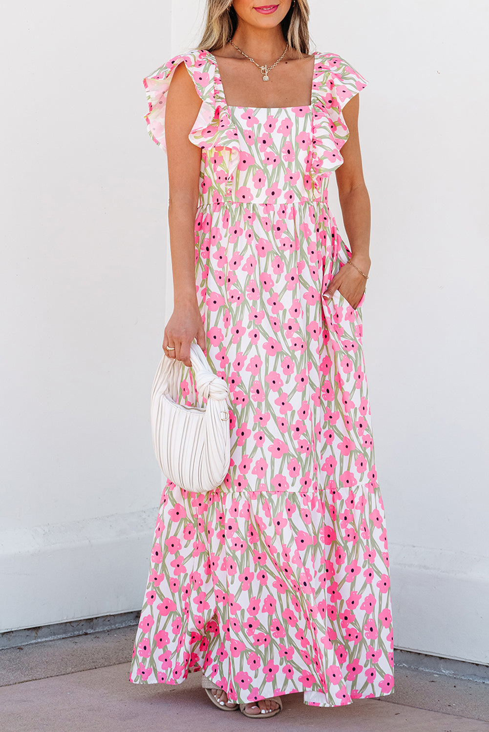 Women's Pink Floral Print Square Neck Ruffled Strap Maxi Dress Summer Boho Casual Sundress at LivelyLooks