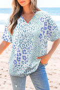Leopard Print V Neck Blouse Short Sleeve Sky Blue Pink Green Women S-XL