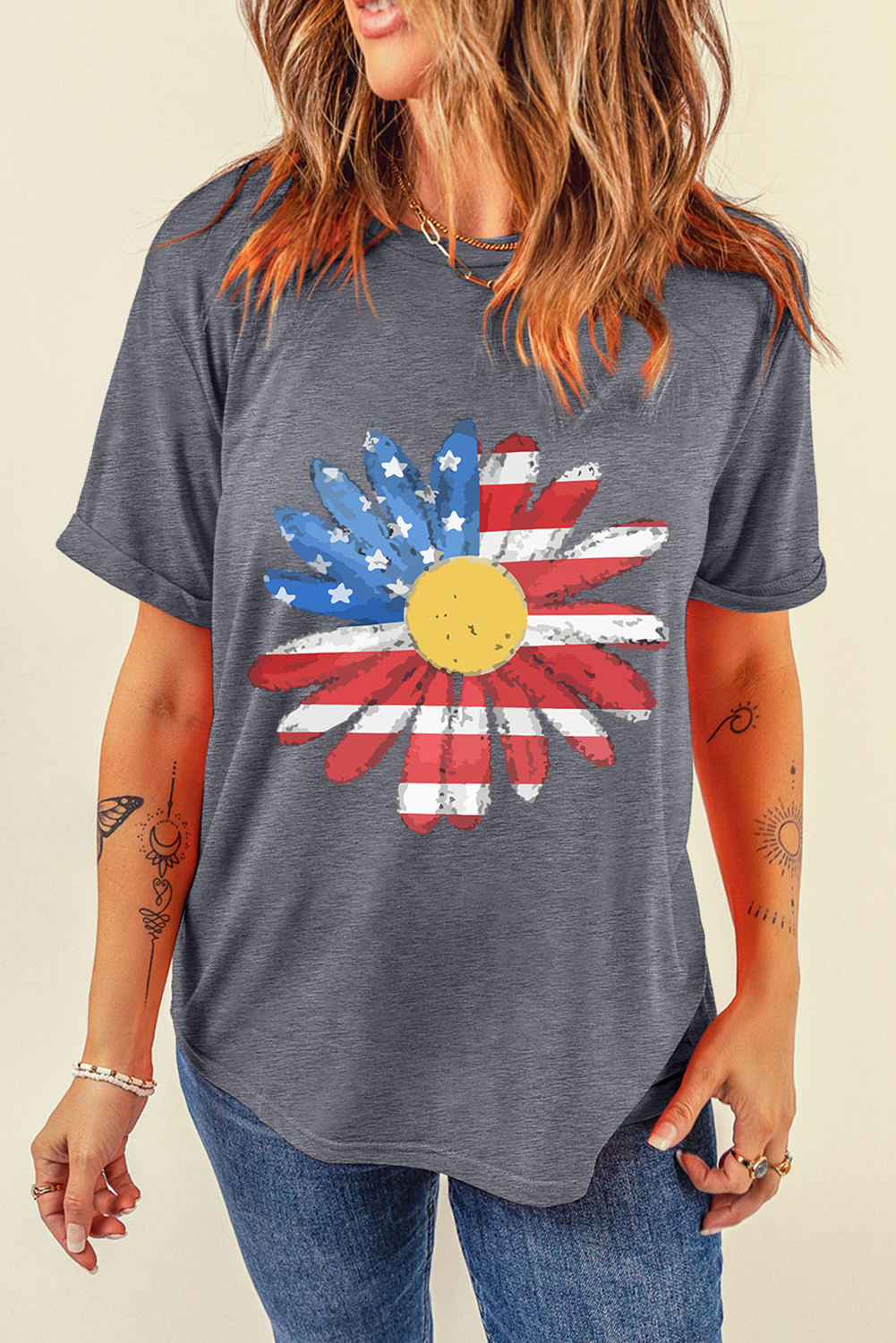 Shop Gray Flag Pattern Sunflower Graphic Crew Neck Tee S-3XL at LivelyLooks