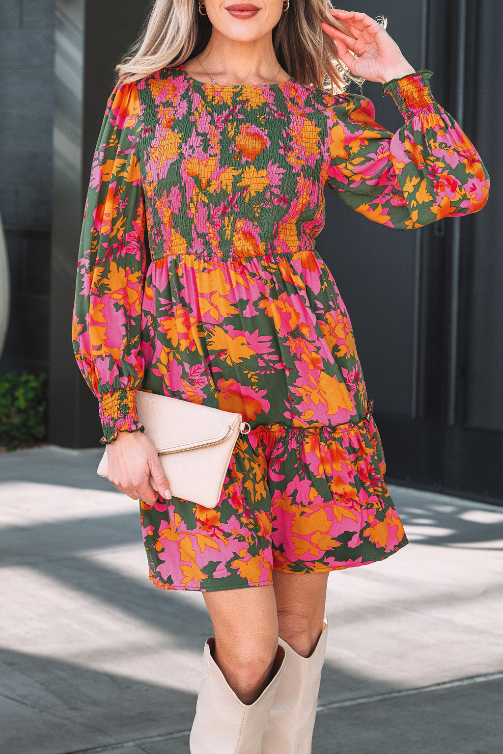 Multicolour Floral Print Long Sleeve Smocked Ruffled Mini Dress | UK 8–22