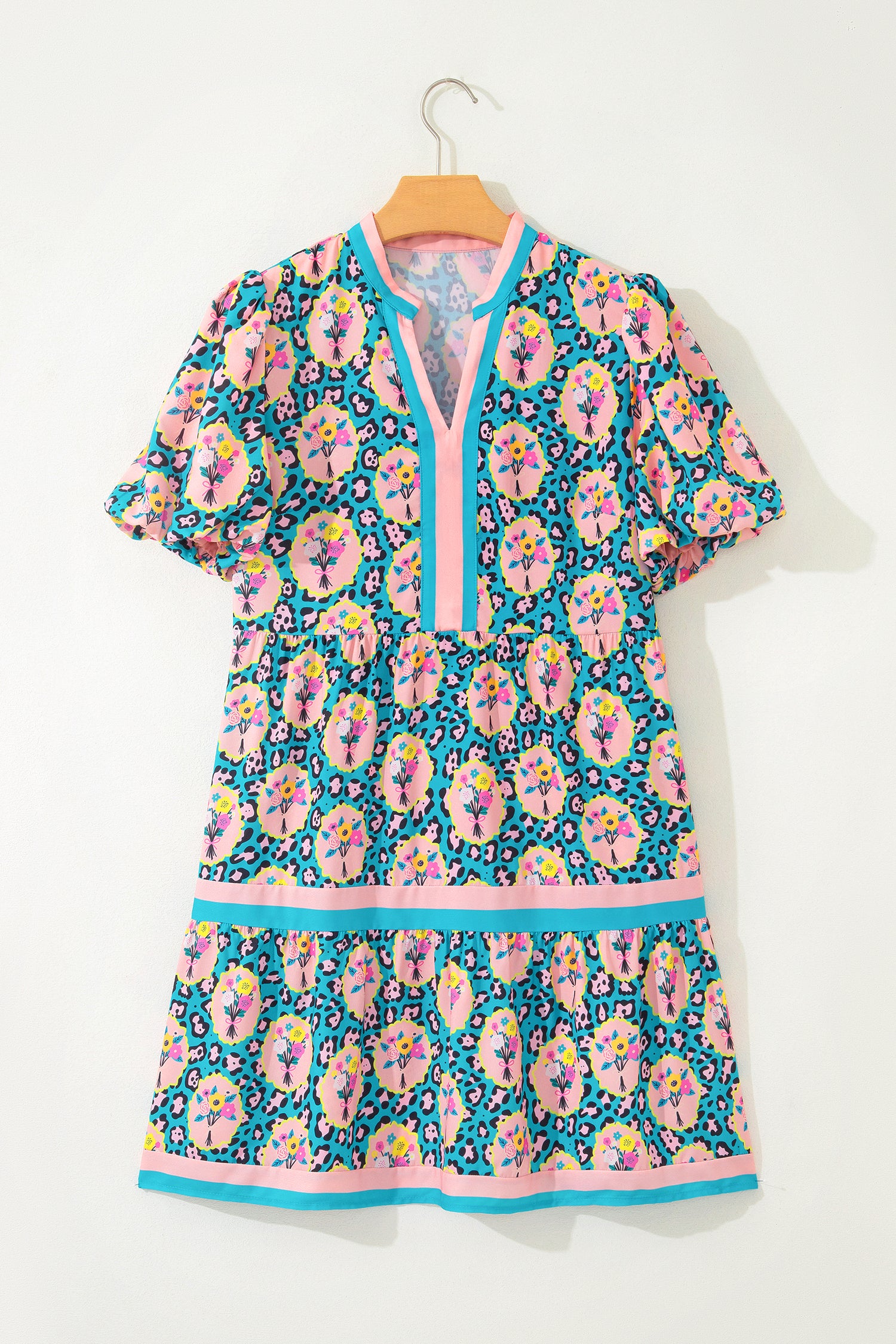 Green Leopard Floral Short Sleeve Mini Dress S-XL