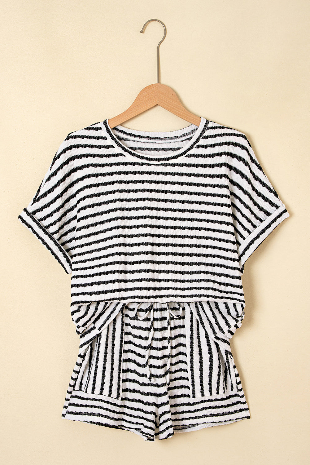 Shop Stripe Knitted Short Sleeve Top & Drawstring Shorts Co-ord S-3XL at LivelyLooks