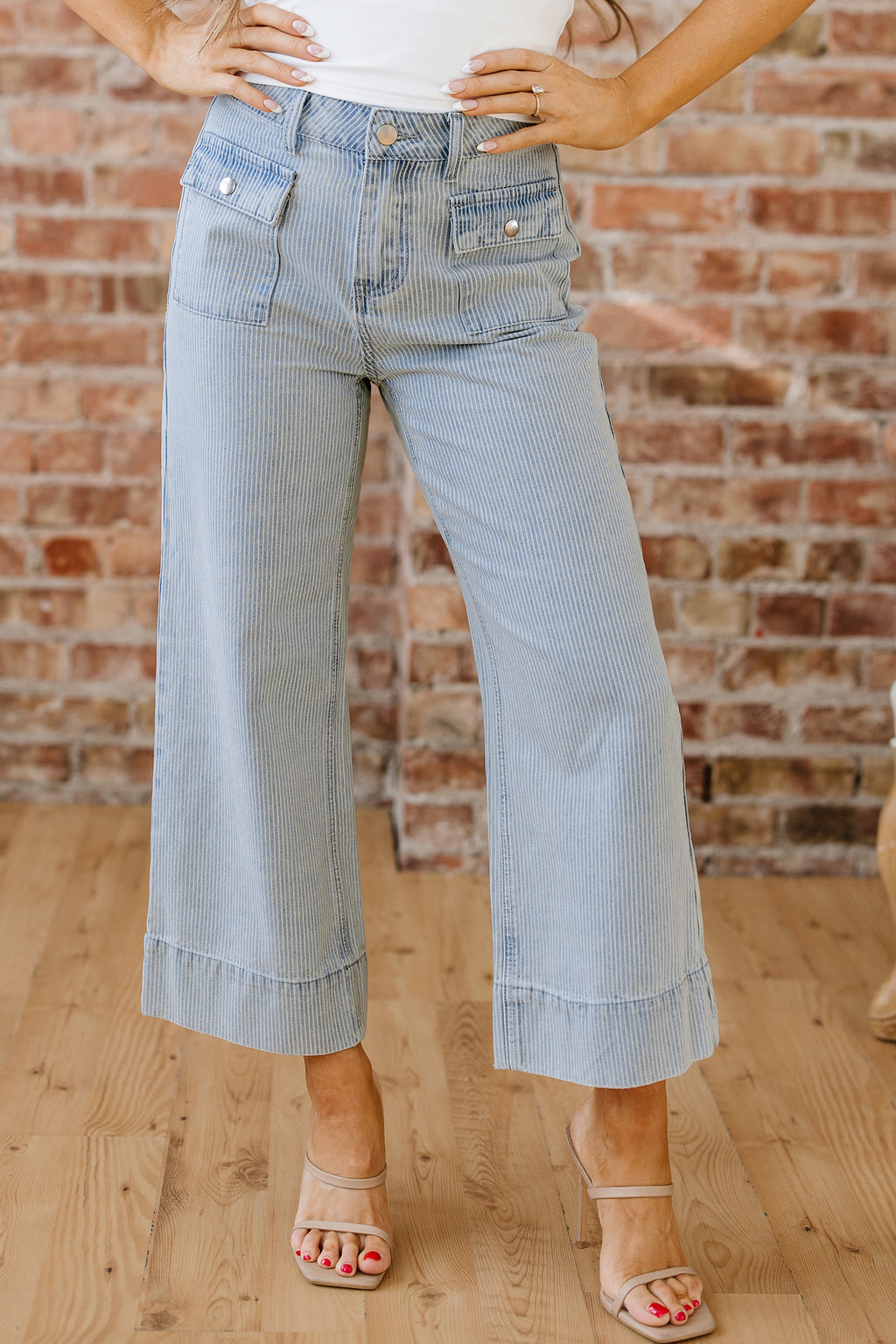 Women's Women's Stripe Wide Leg Jeans Button Flap Pocket Cuffed Hem Sizes 4-16 at LivelyLooks