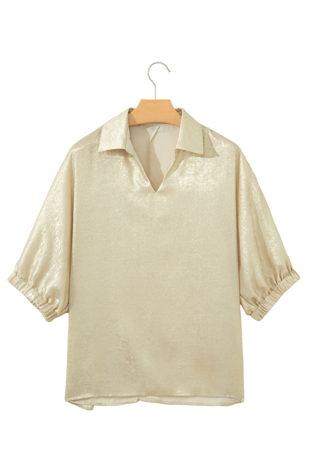 Aqua Metallic Shimmer Collared V Neck Half Sleeve Top