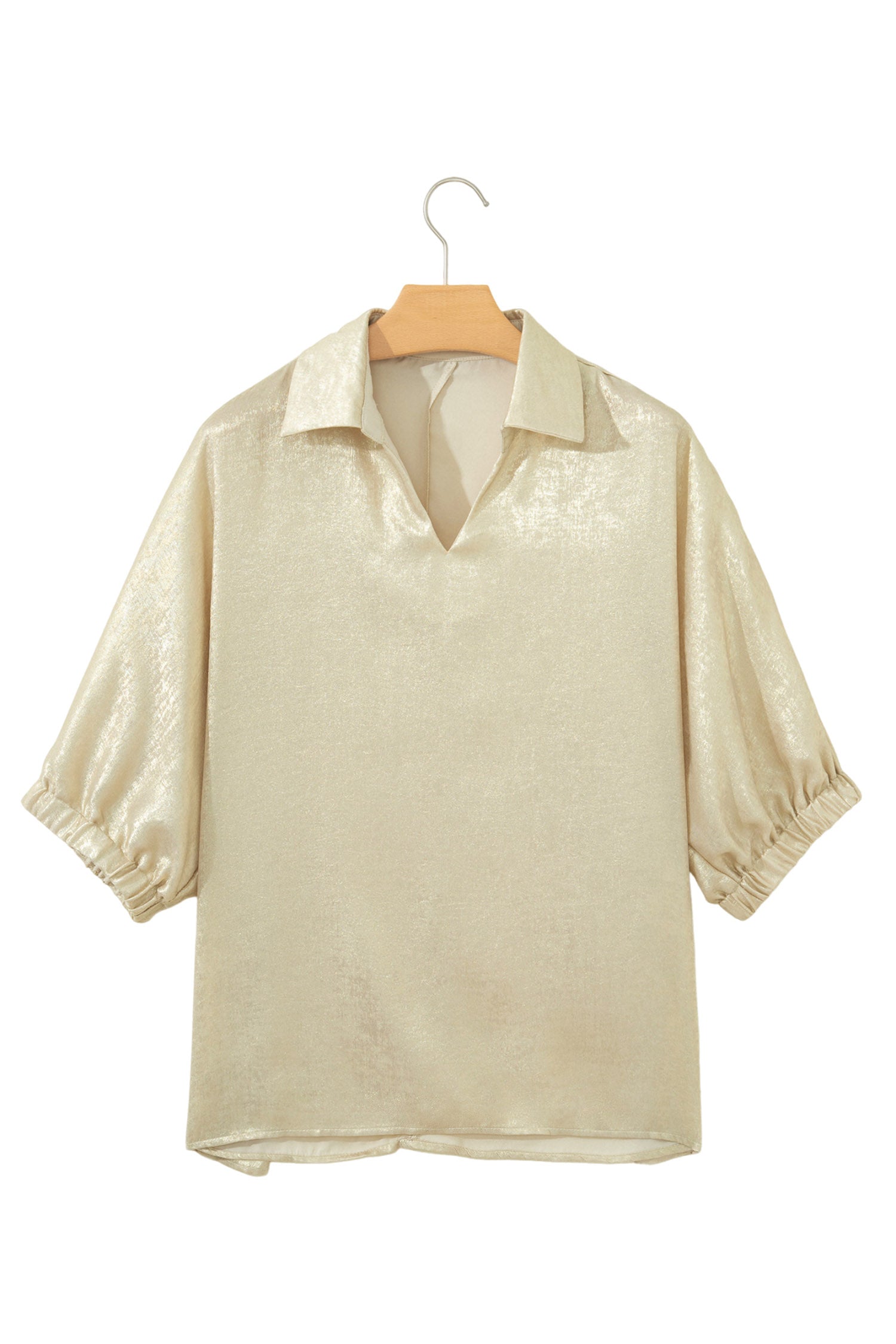 Aqua Metallic Shimmer Collared V Neck Half Sleeve Top