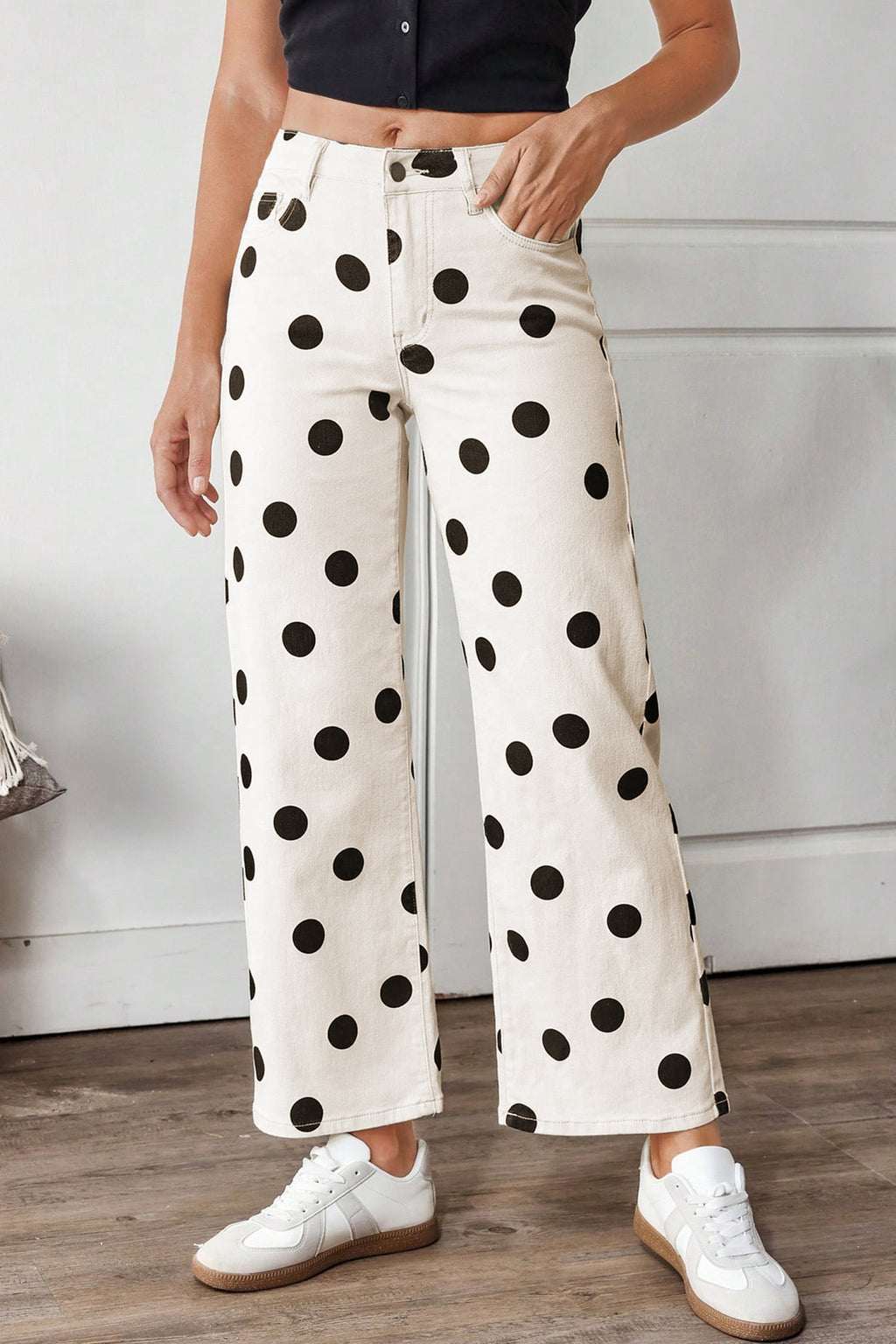 Women's White Polka Dot Wide Leg Ankle Jeans Button Zip Pocket UK 4-16 at LivelyLooks