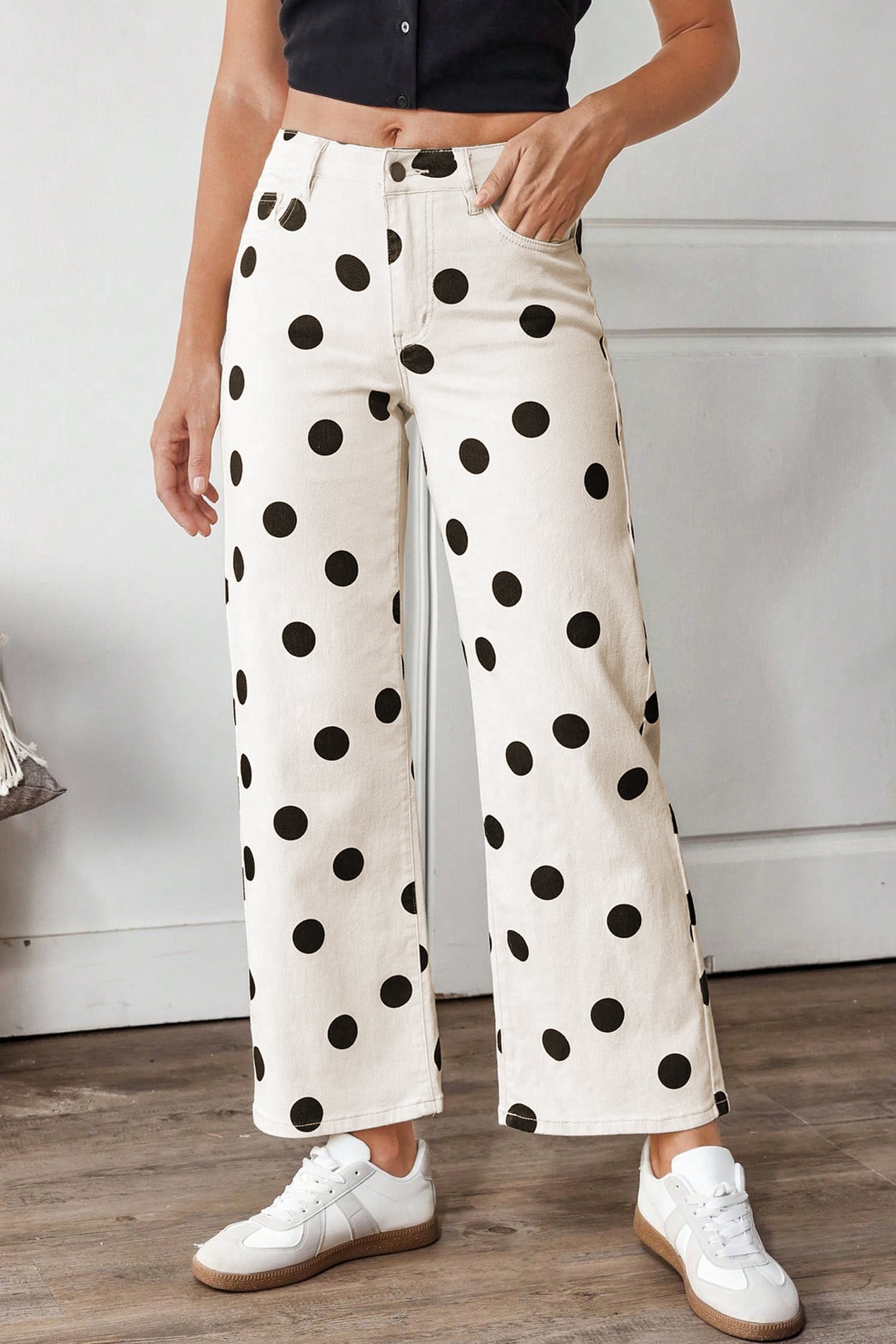 Women's White Polka Dot Wide Leg Ankle Jeans Button Zip Pocket UK 4-16 at LivelyLooks