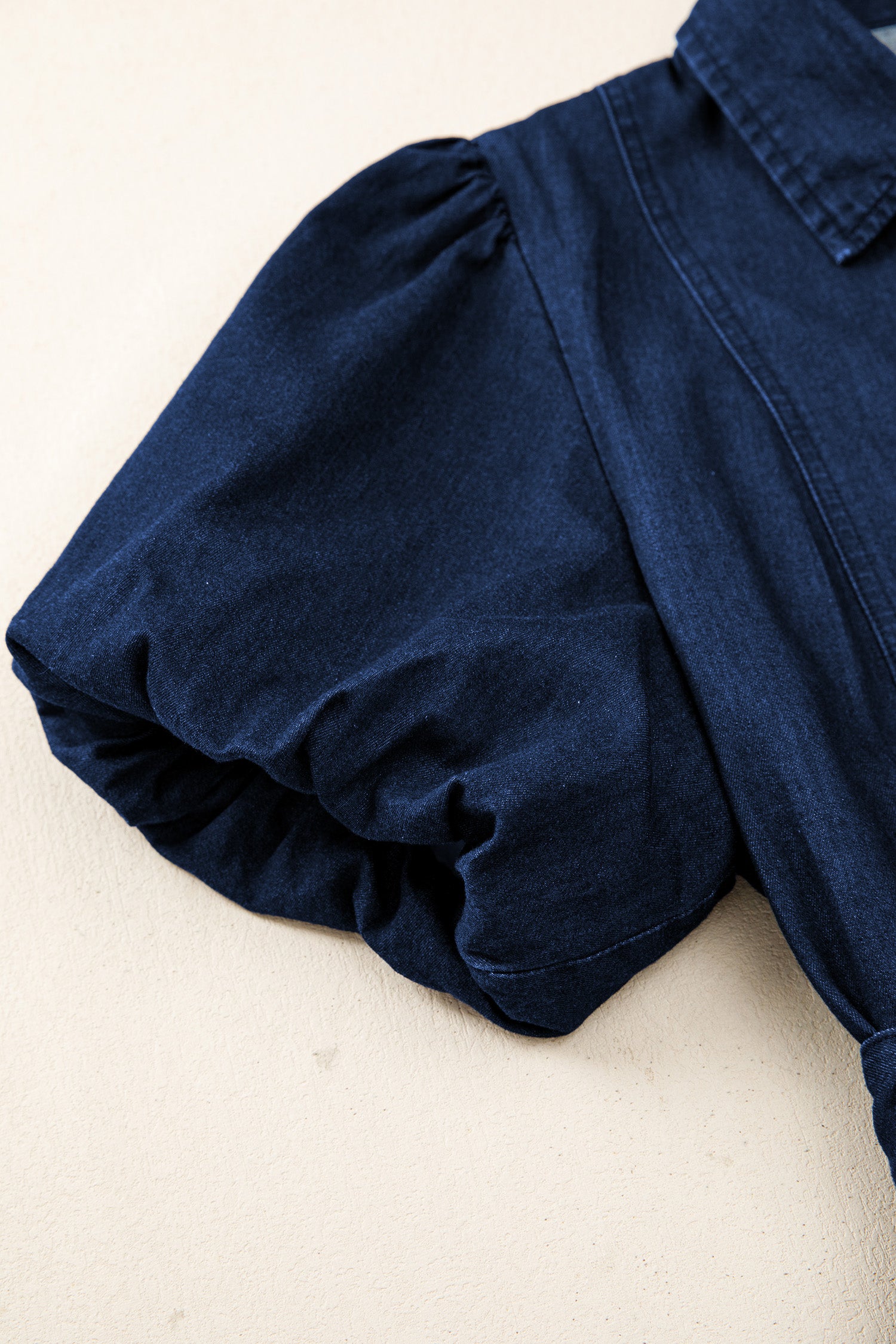 Women's Blue Button-Down Collared Bubble Sleeve Long Denim Dress at LivelyLooks