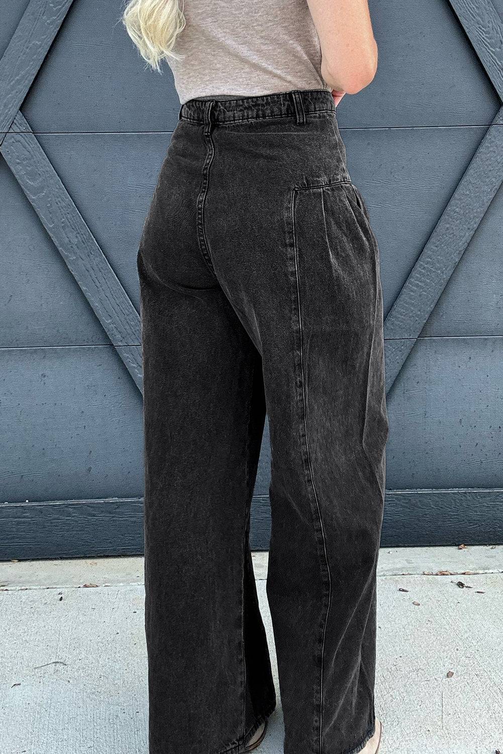 Dark Grey Pleated Wide Leg Mineral Wash Denim Pants | UK 8–18
