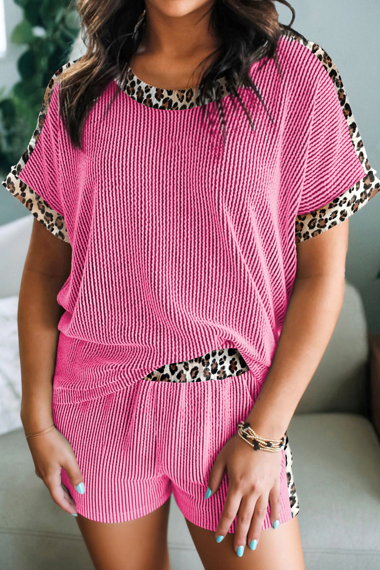 Ribbed Twist Short Set with Leopard Trim | Sky Blue, Light Grey & Sachet Pink