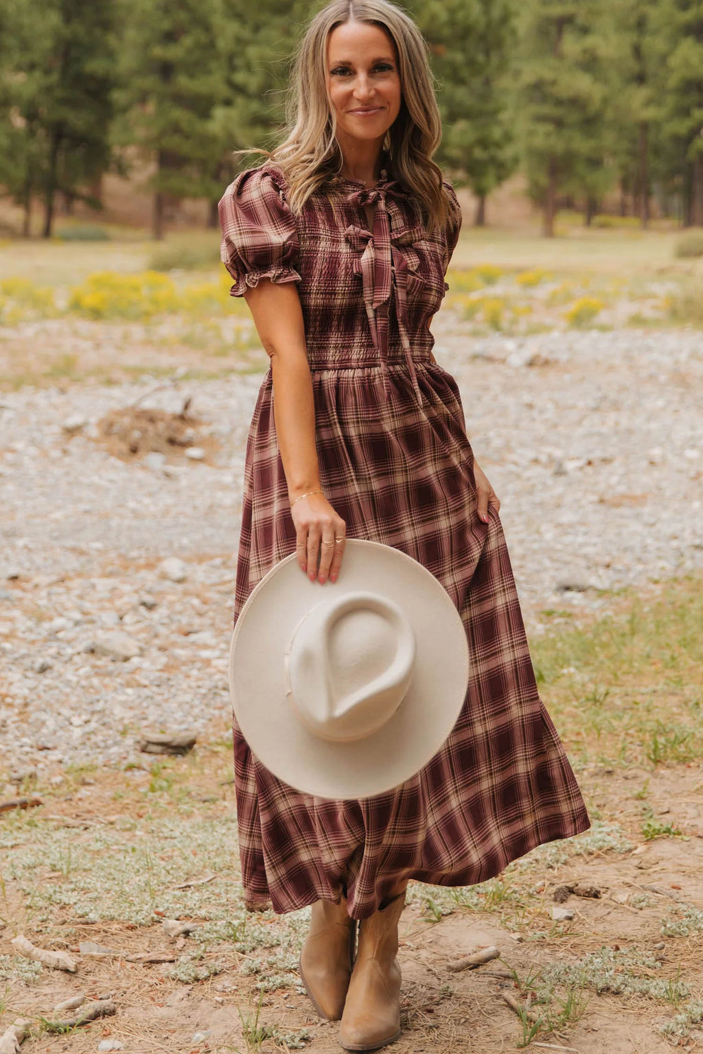 Red Vintage Plaid Knot Front Smocked High Waist Midi Dress S-XL