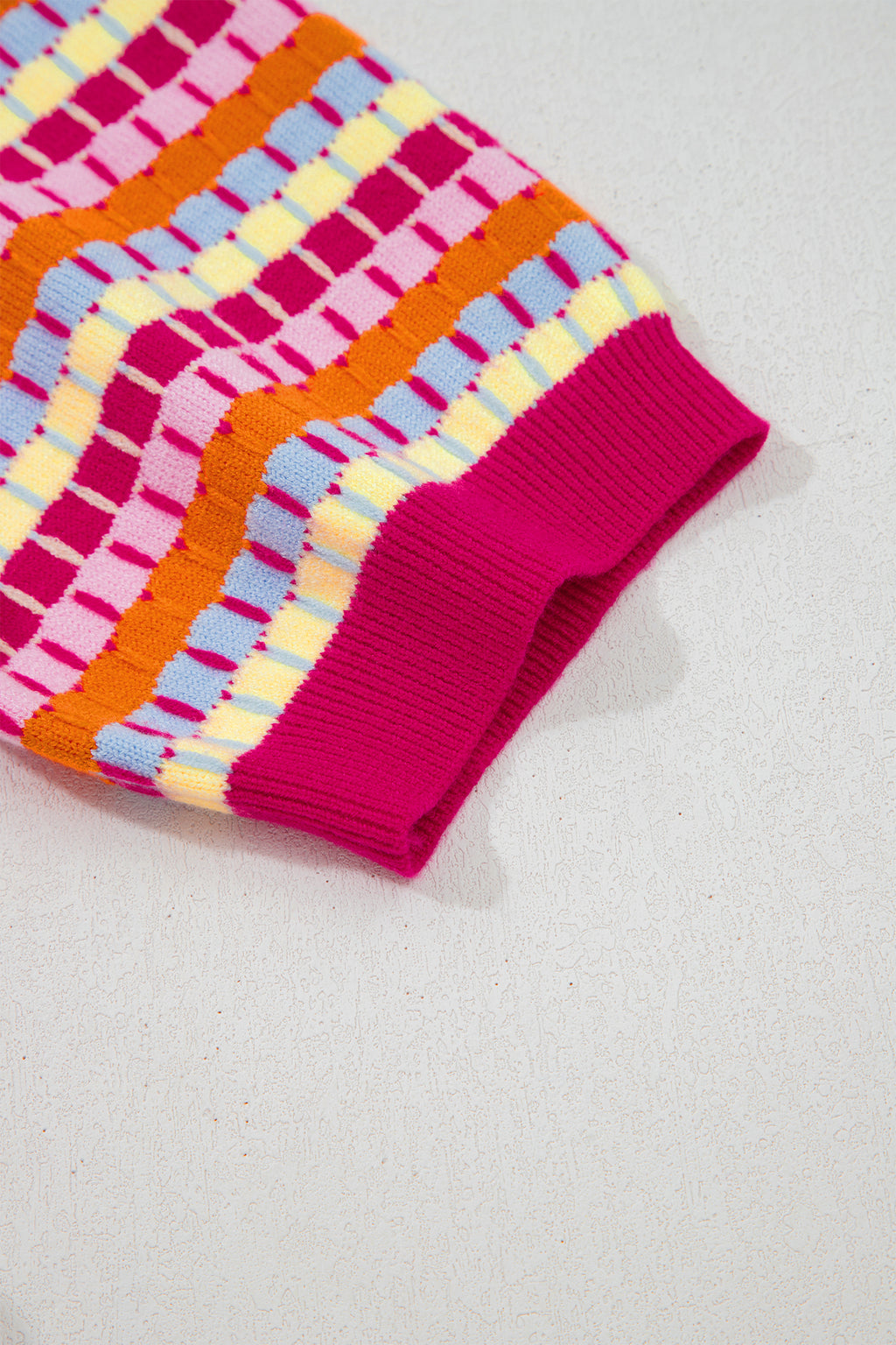 Women's Rose Red Abstract Stripe Knit Short Sleeve Sweater at LivelyLooks