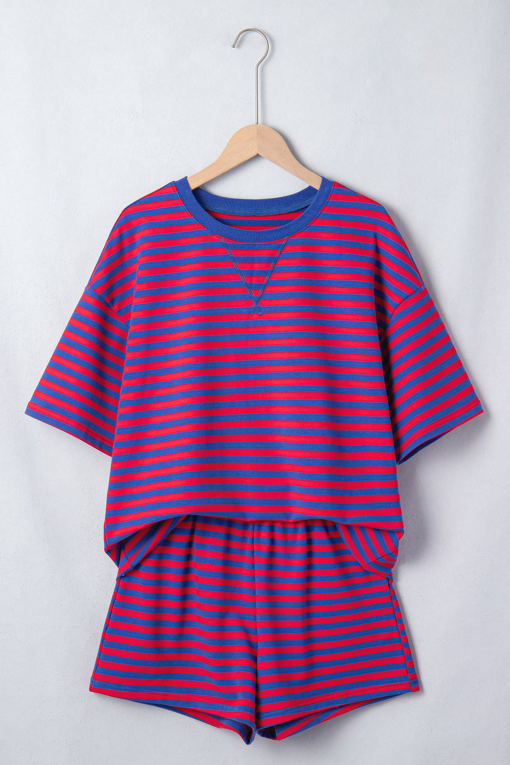 Striped Ribbed Cotton Short Set with Chest Patch Detail | Blue & Navy Stripe