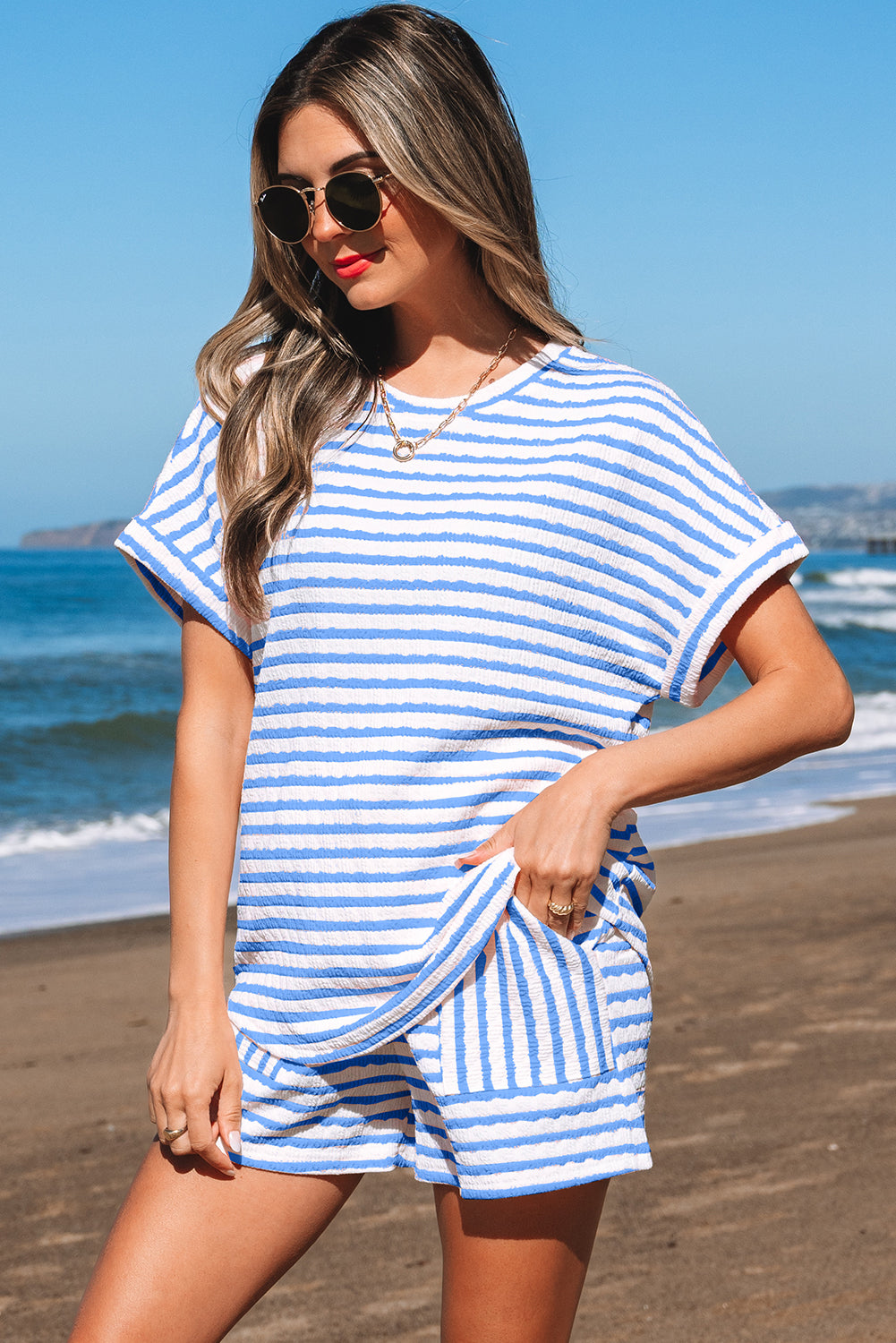 Women's Stripe Knitted Short Sleeve Top & Drawstring Shorts Co-ord S-3XL at LivelyLooks