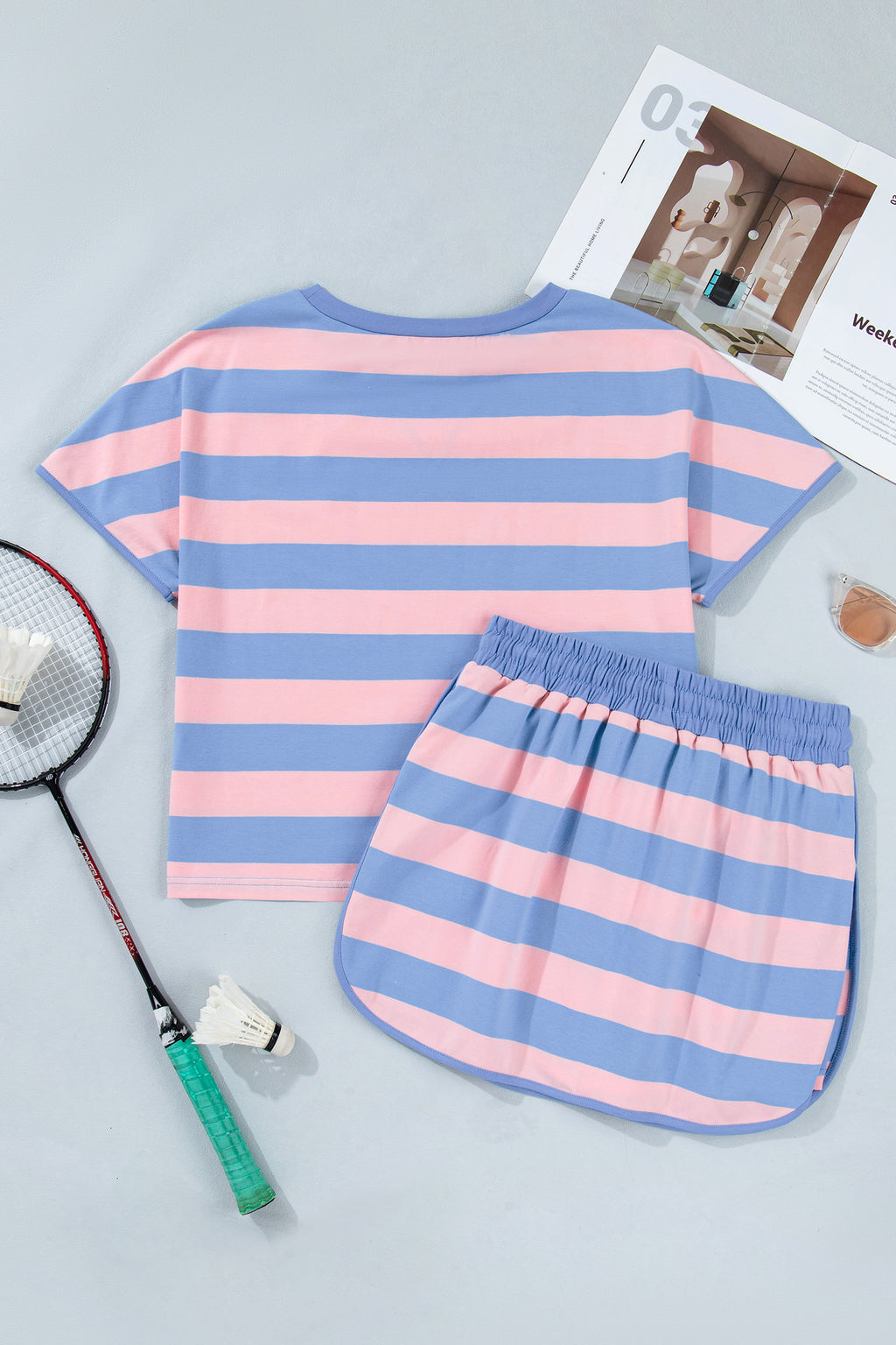 Striped Dolman Tee & Drawstring Skort Set – Pink, Rose & Yellow