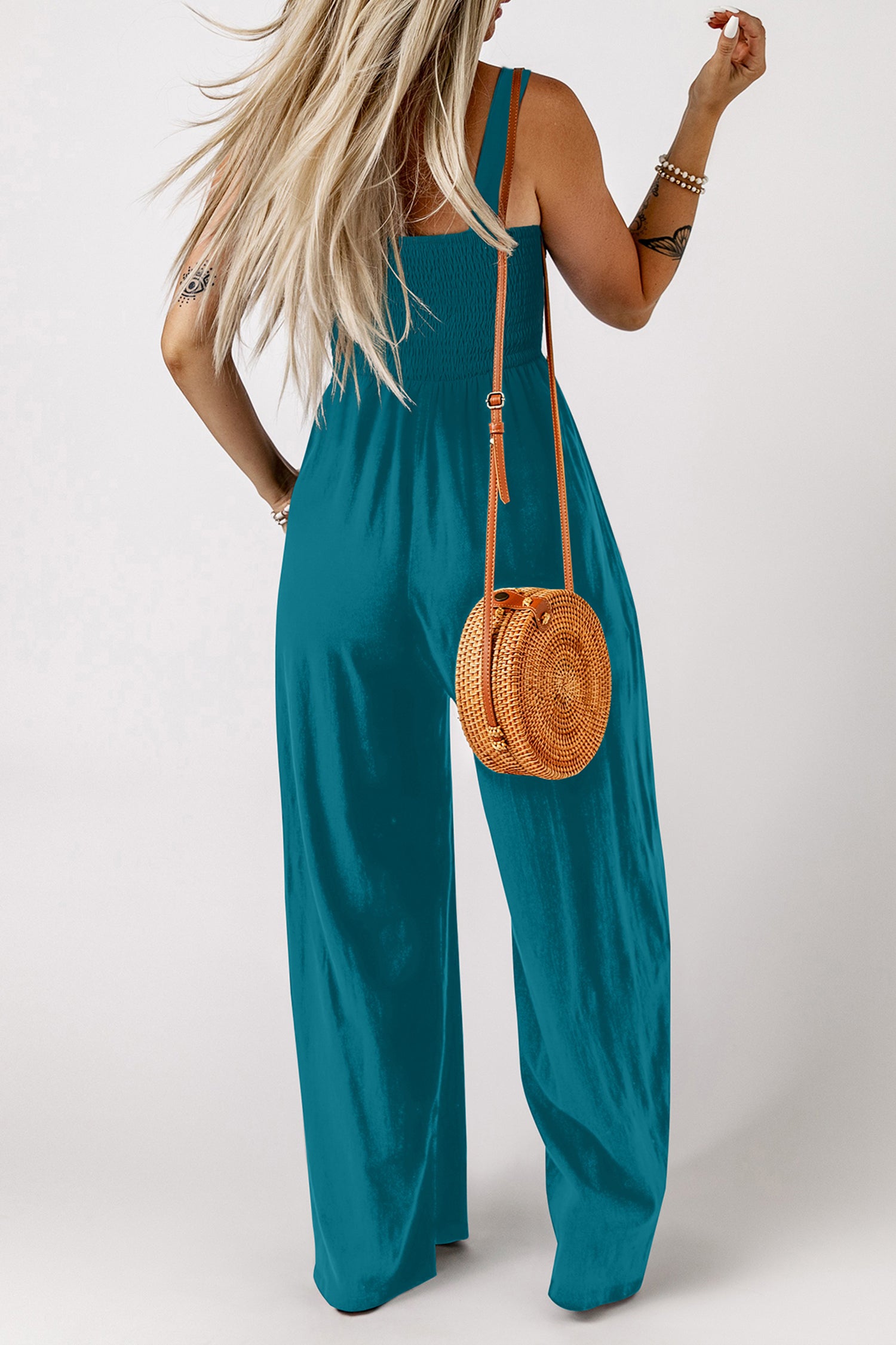 Women's Smocked Square Neck Sleeveless Jumpsuit with Pockets at LivelyLooks