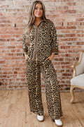 Brown Leopard Collared 3/4 Sleeve Shirt & Loose Pants Two Piece Set | UK 8–22