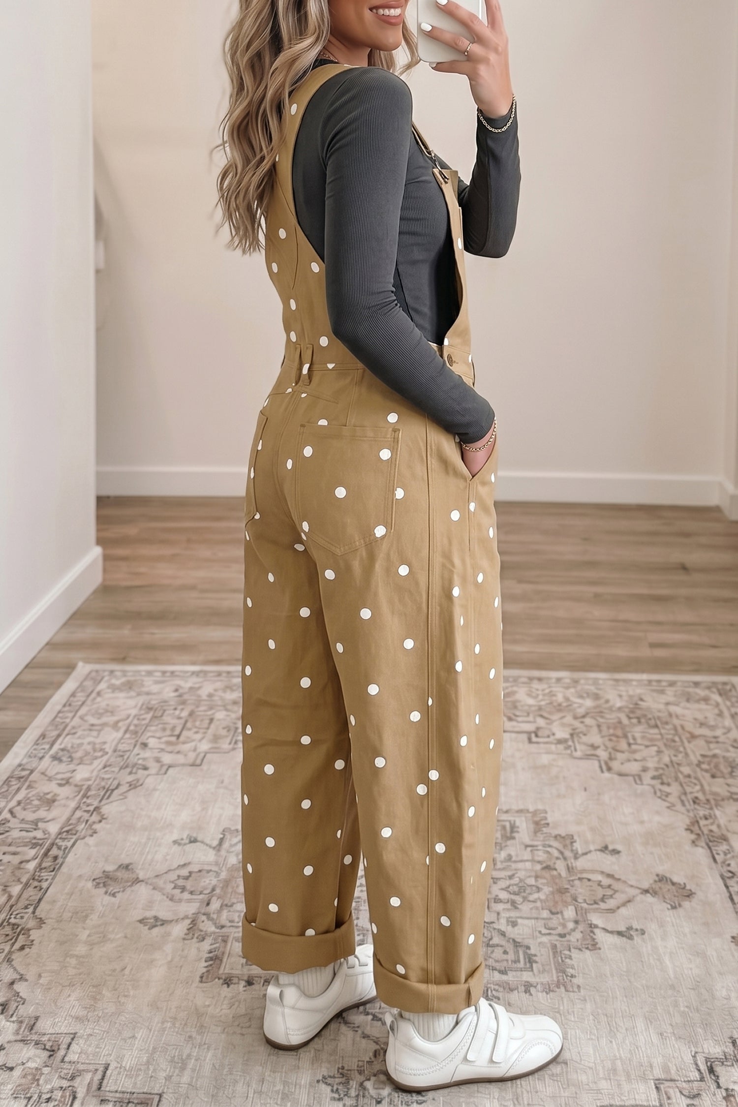 Polka Dot Denim Barrel Overalls Jumpsuit | Cream Beige Pink UK 8–22