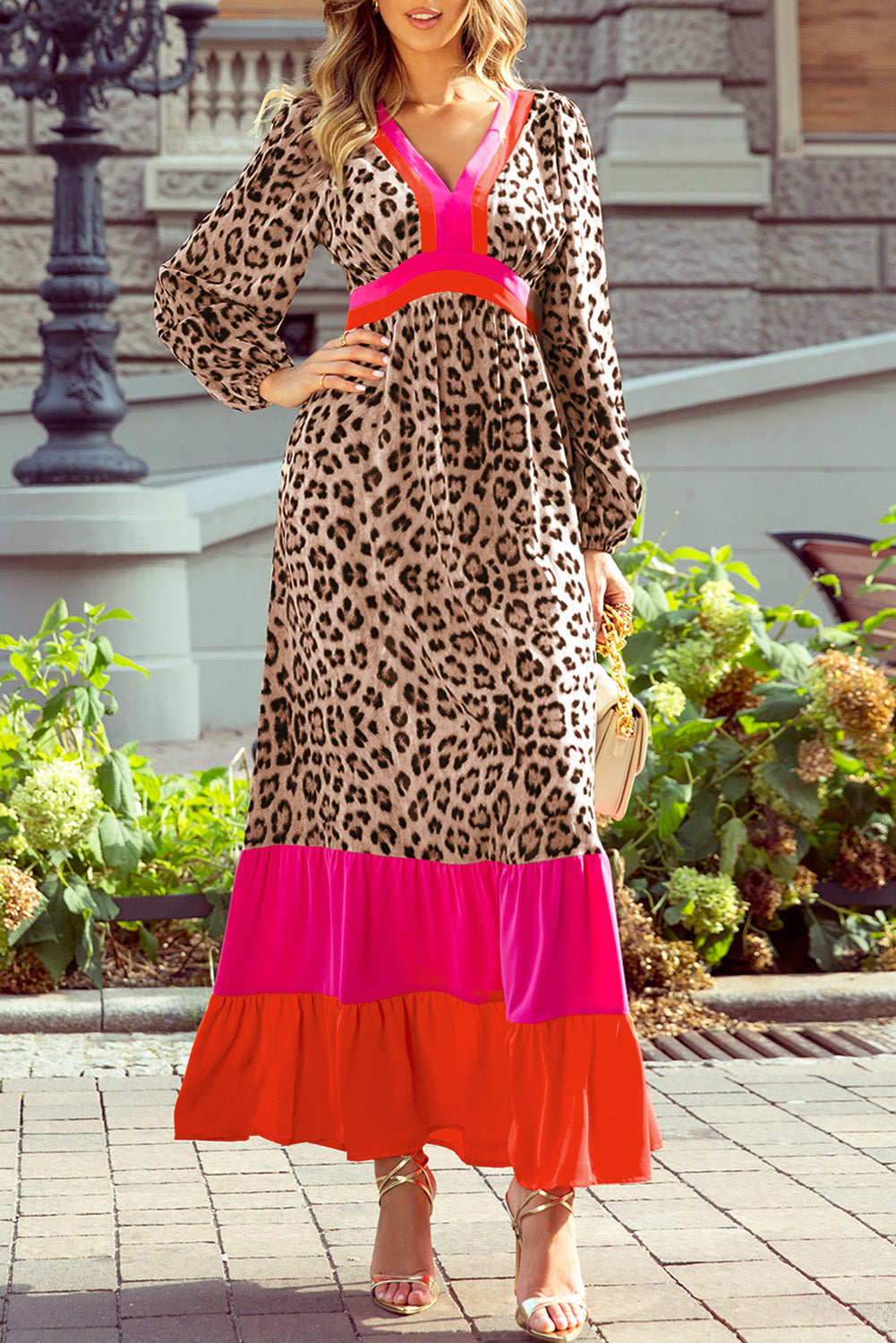 LivelyLooks Brown Leopard Colour Block V-Neck Loose Fit Maxi Dress Animal Print Summer Smock women's fashion