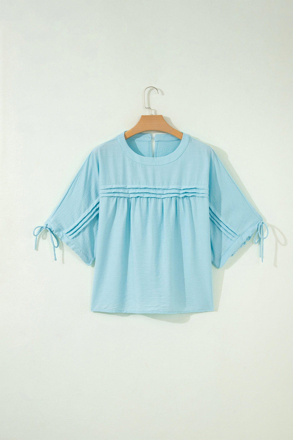Meadow Mist Green Tie Half Sleeve Pleated Detail Babydoll Blouse