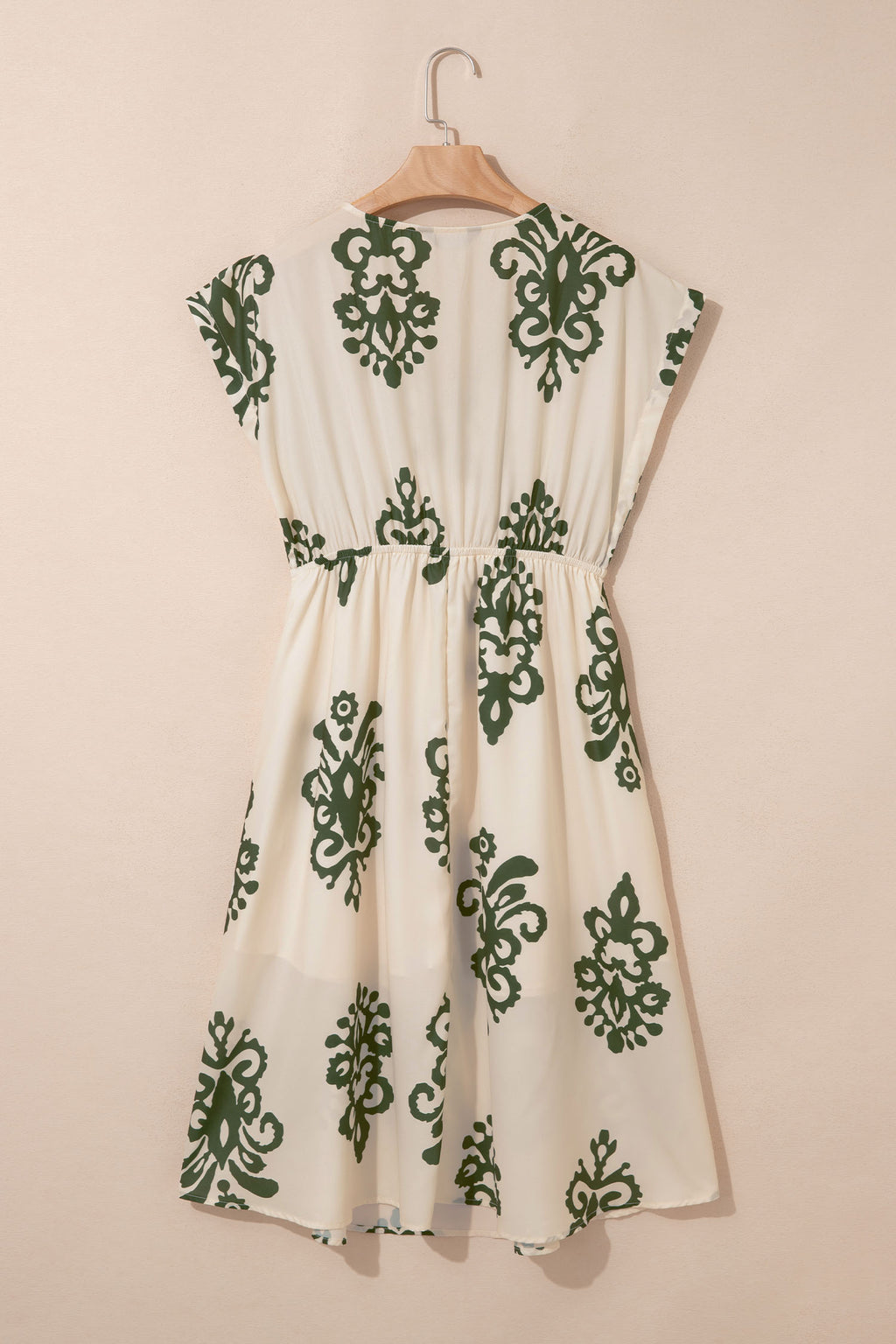 Abstract Print Embroidered V-Neck Dolman Sleeve Boho Midi Dress | Green & Apricot