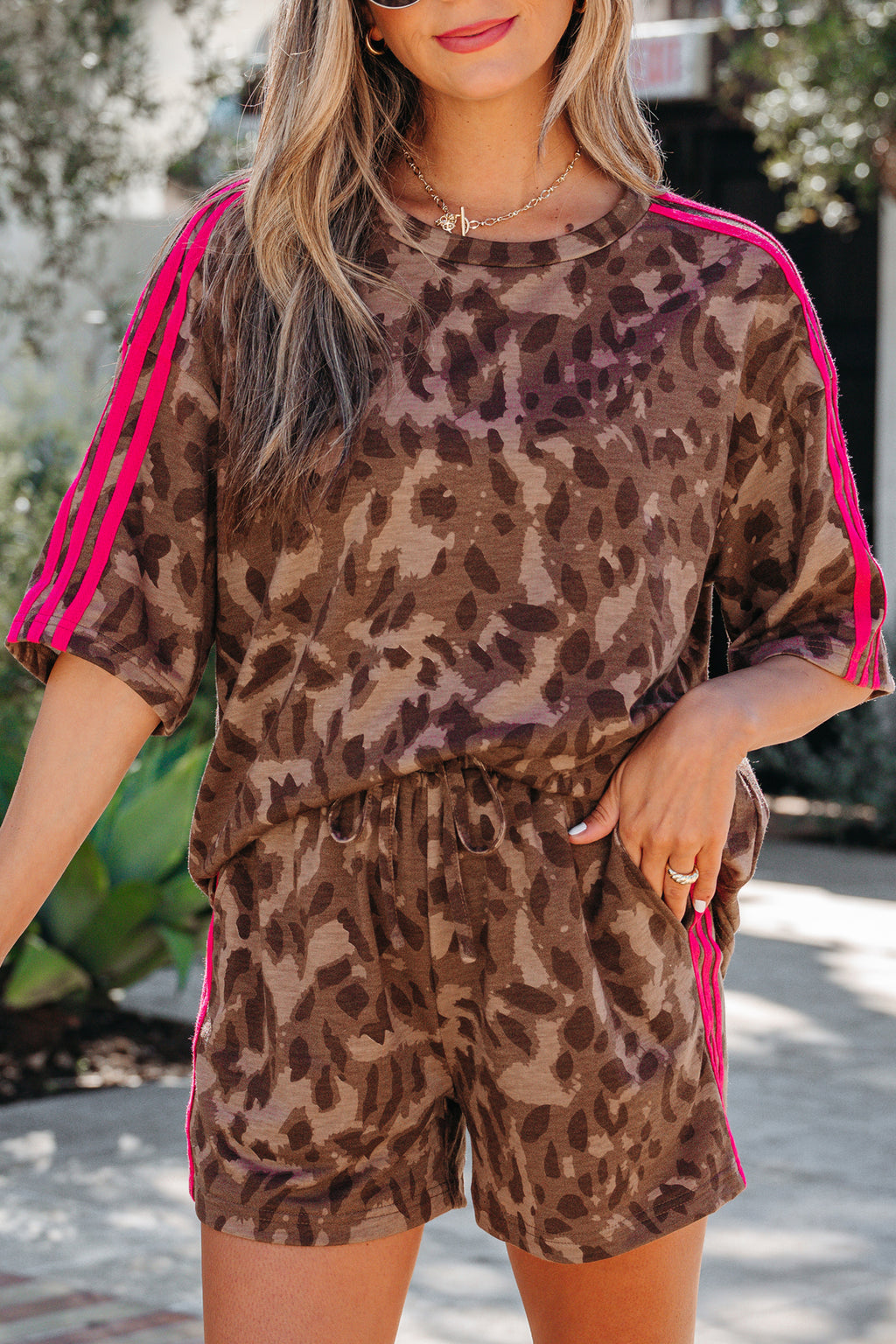 Brown Contrast Striped Accent Leopard Short Set | UK 8–22