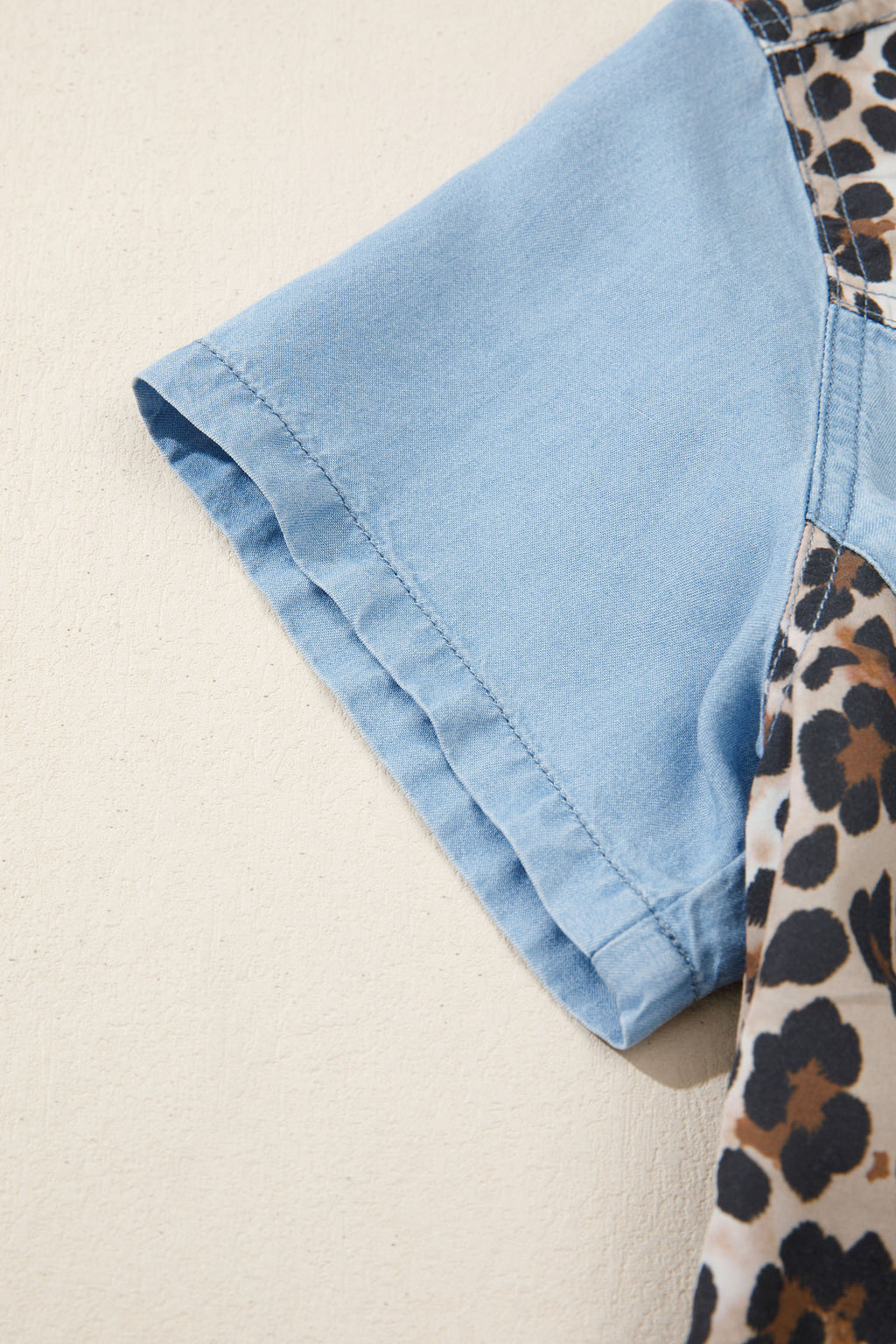 Blue Denim Colour Block Leopard Patchwork Shirt Collar Mini Dress S-XL