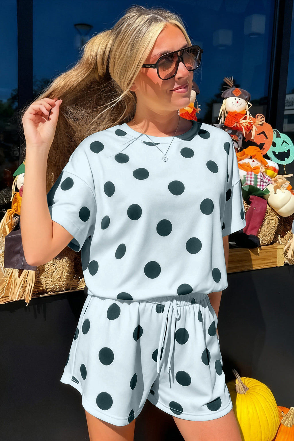 Polka Dot Print Tee & Shorts Co-ord Set | Pink, Black & Sky Blue