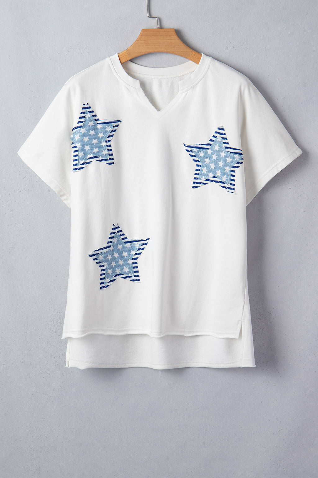 Shop White & Sky Blue Star Patch Notched Neck Mineral Wash Dolman Tee at LivelyLooks