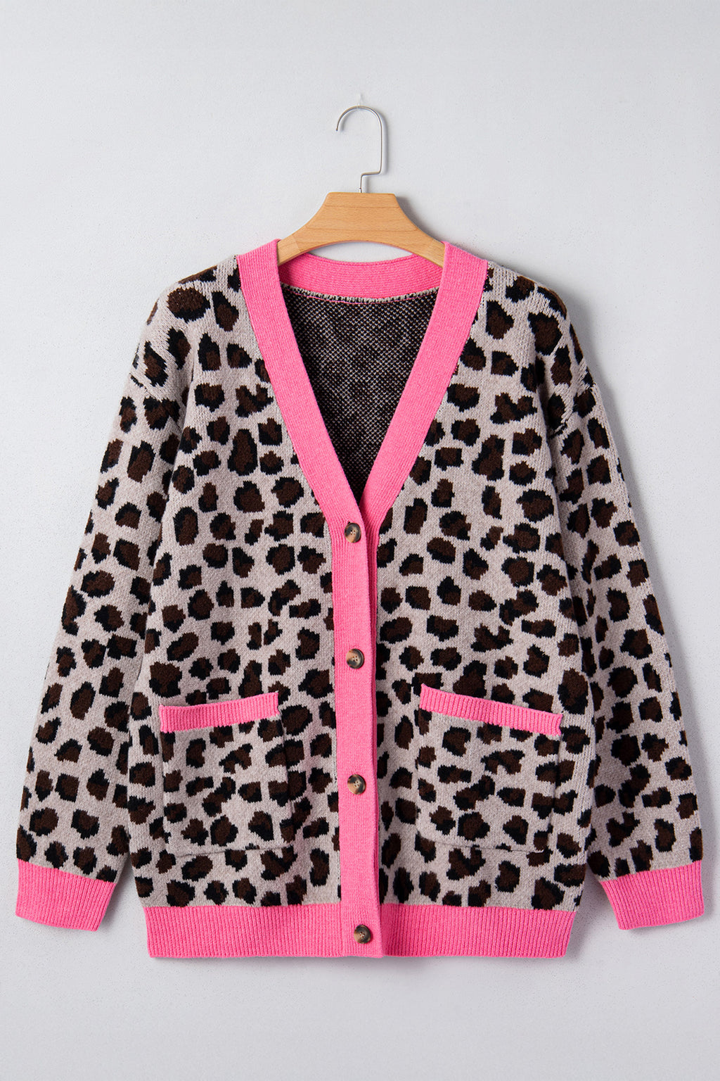 Khaki Leopard Print Colourblock Trim Button Down Oversized Cardigan