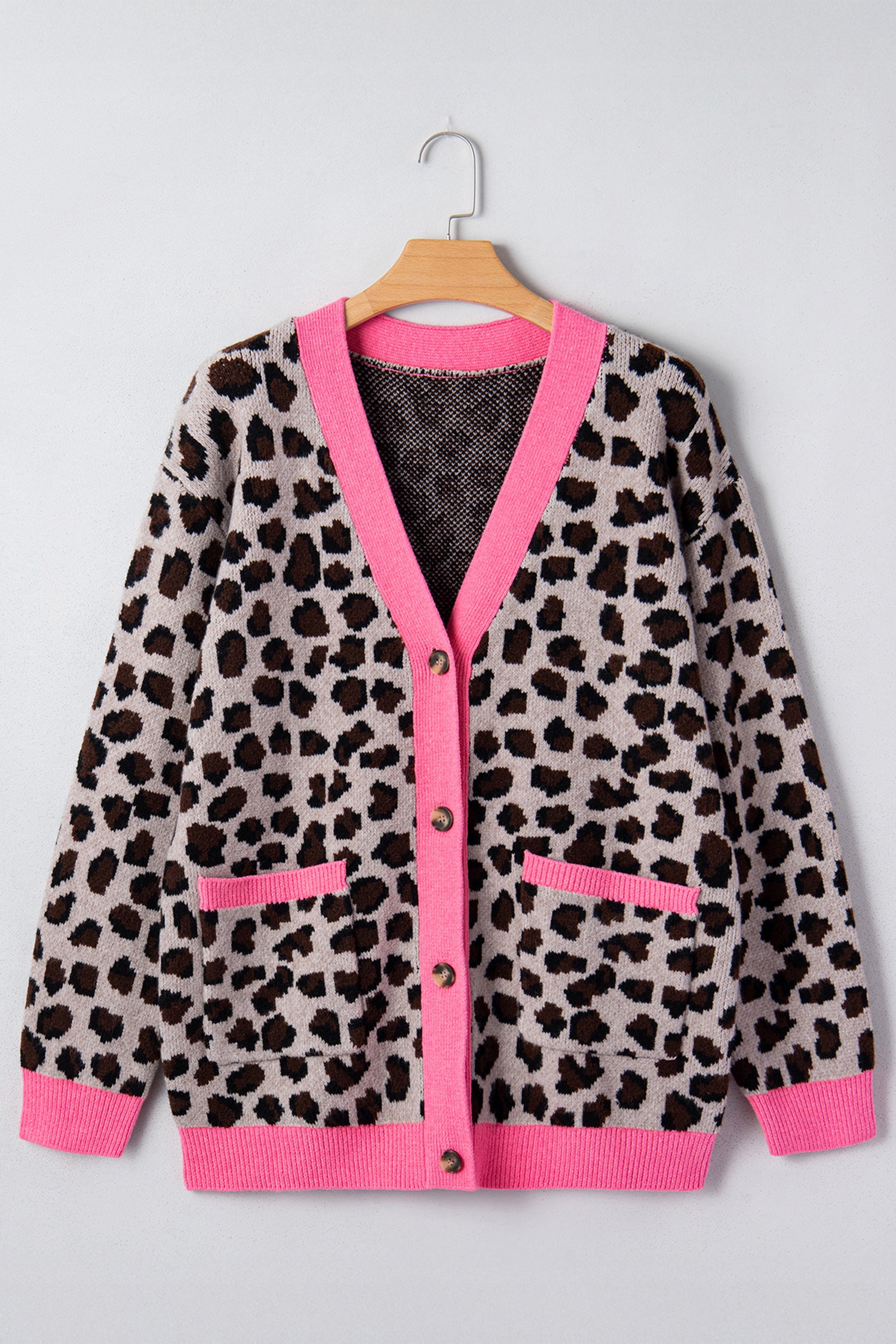 Khaki Leopard Print Colourblock Trim Button Down Oversized Cardigan