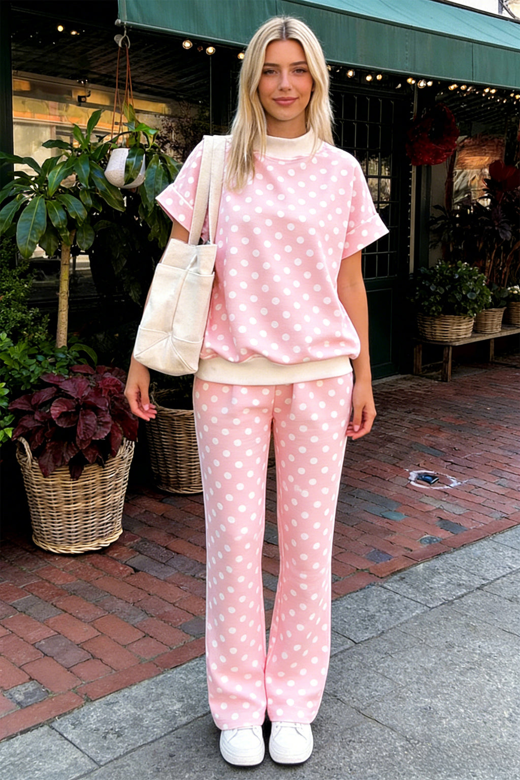 Women's Pink Polka Dot Mock Neck Short Sleeve Top & Shift Pant Co-ord Set S-XL at LivelyLooks