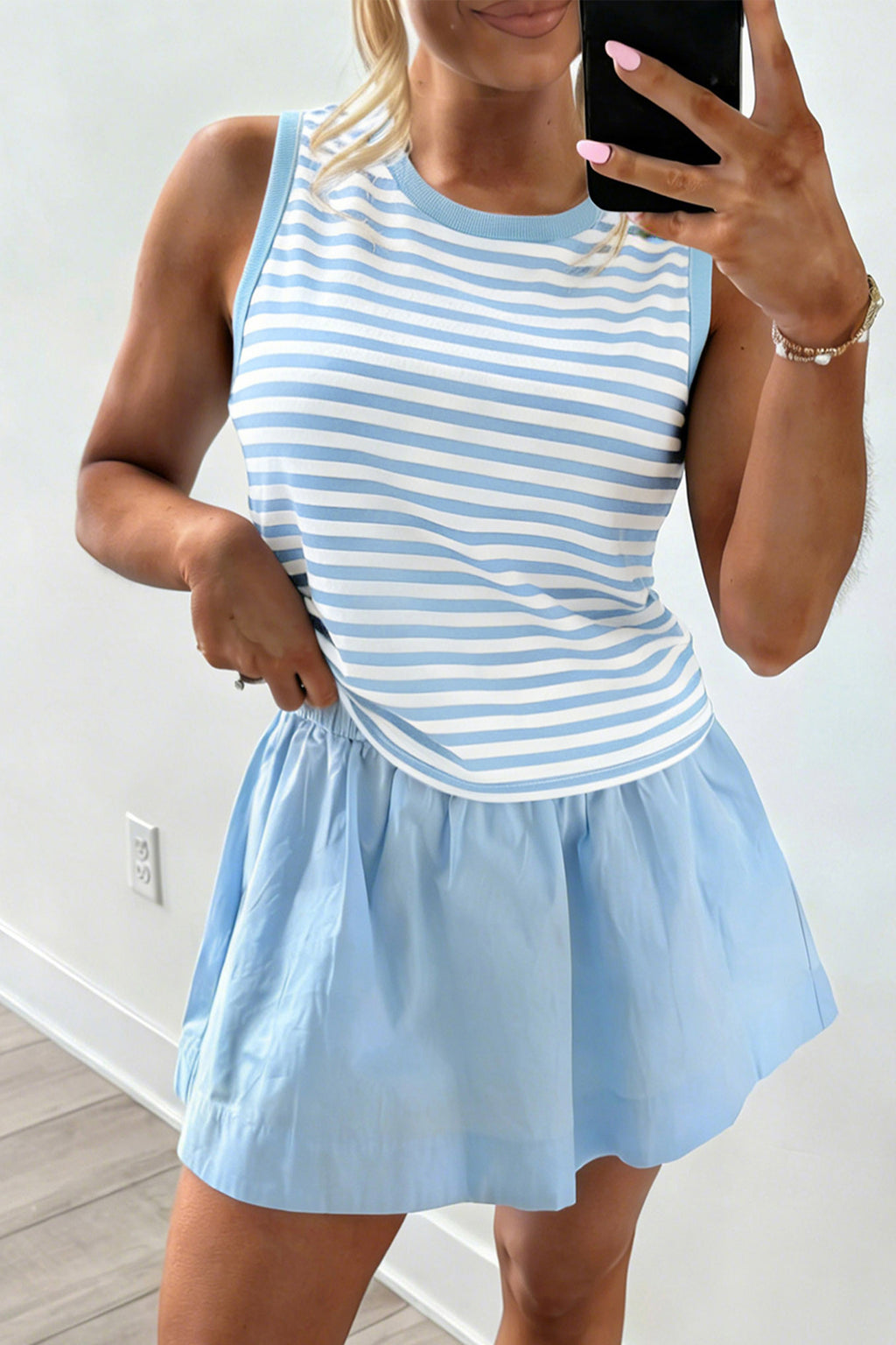 Sky Blue Stripe Slim Tank & Contrast Ruffle Mini Skort Set | UK 8–22