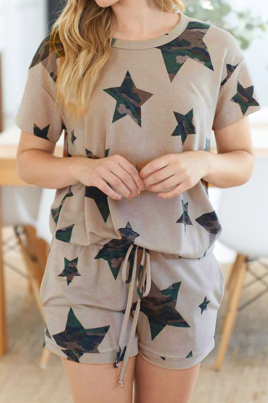 Women's Khaki Camo Star Print Short Sleeve Lounge Set S-XL