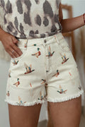 Beige Mallard Print High Waist Frayed Hem Denim Shorts UK 4-16