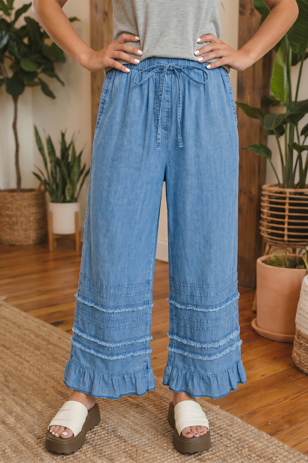 Women's Dusk Blue Ruffled Hem Wide Leg Chambray Trousers UK 8-20 at LivelyLooks