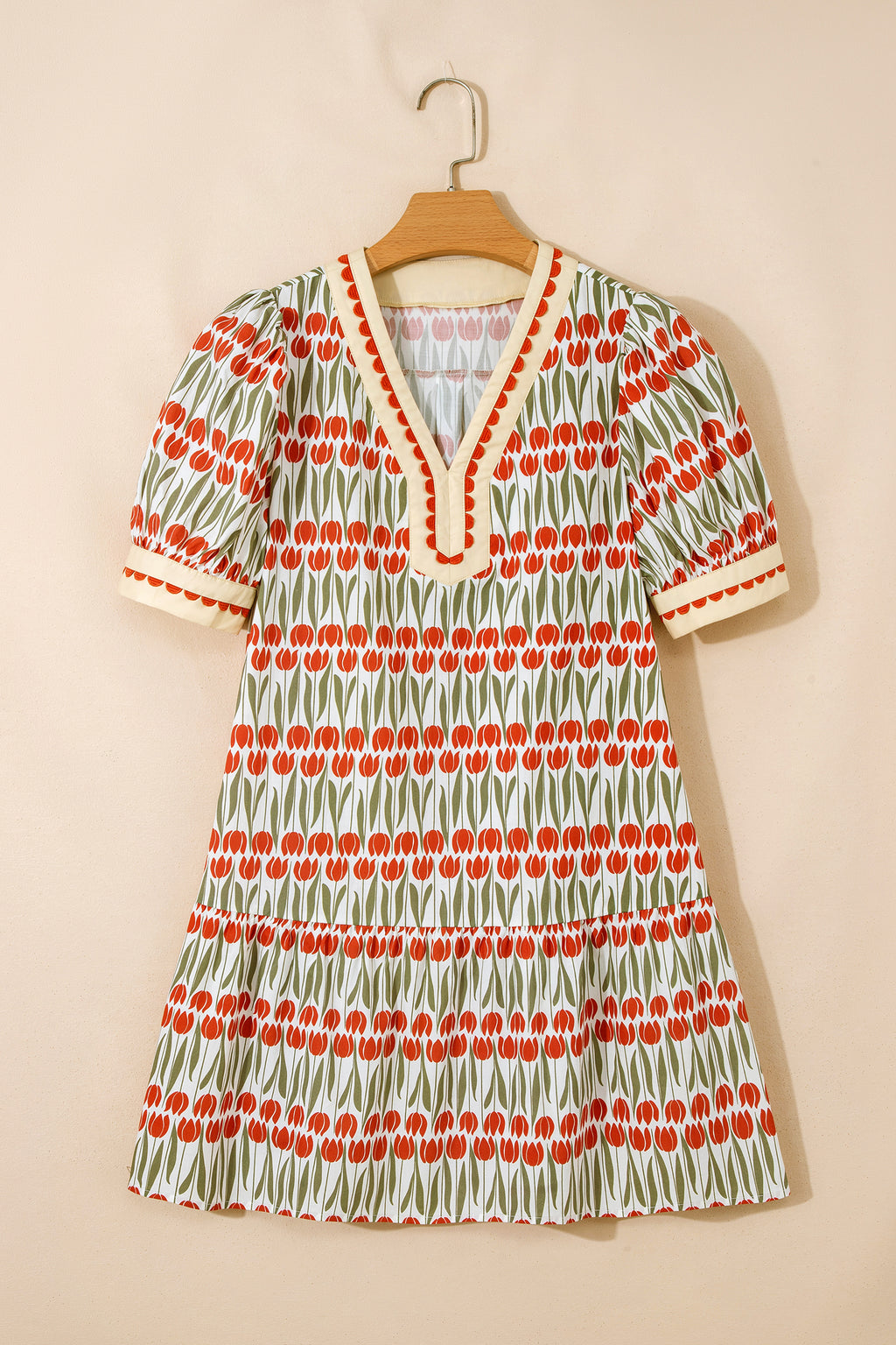White Tulip Floral Print Cotton Puff Sleeve Rick Rack Mini Dress