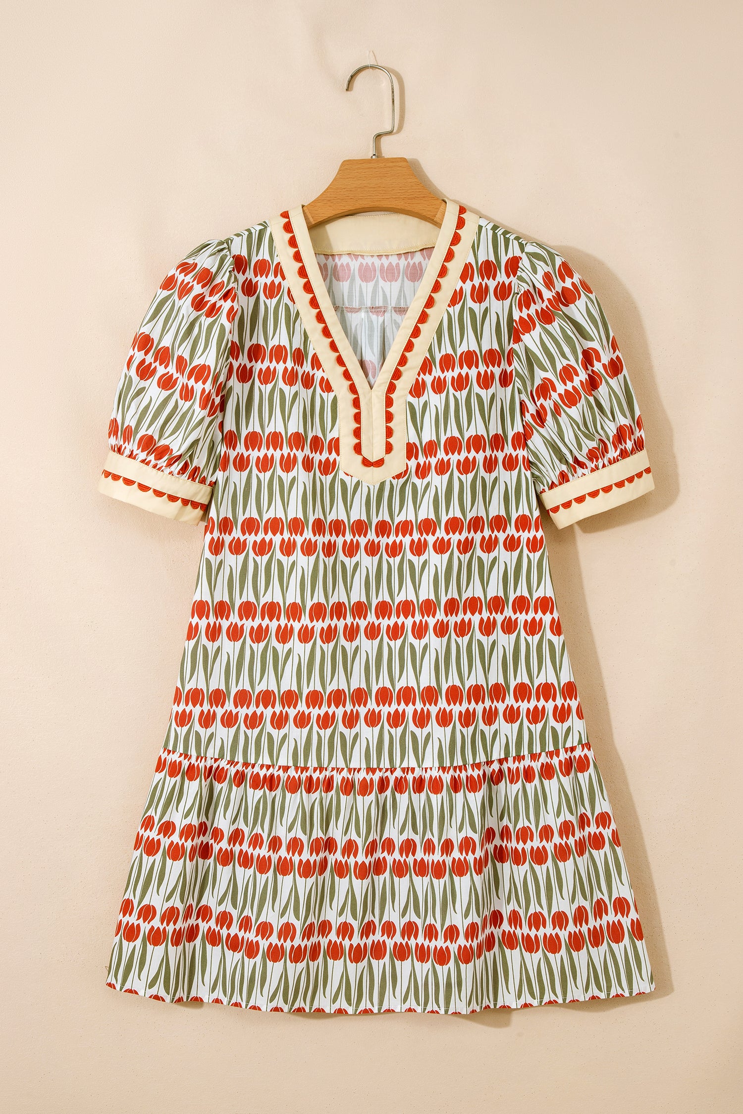 White Tulip Floral Print Cotton Puff Sleeve Rick Rack Mini Dress