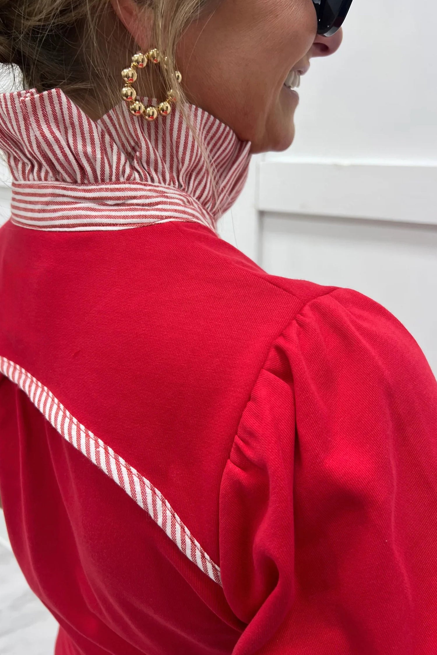 Women's Fiery Red Striped Frilled Collar Puff Sleeve Blouse at LivelyLooks