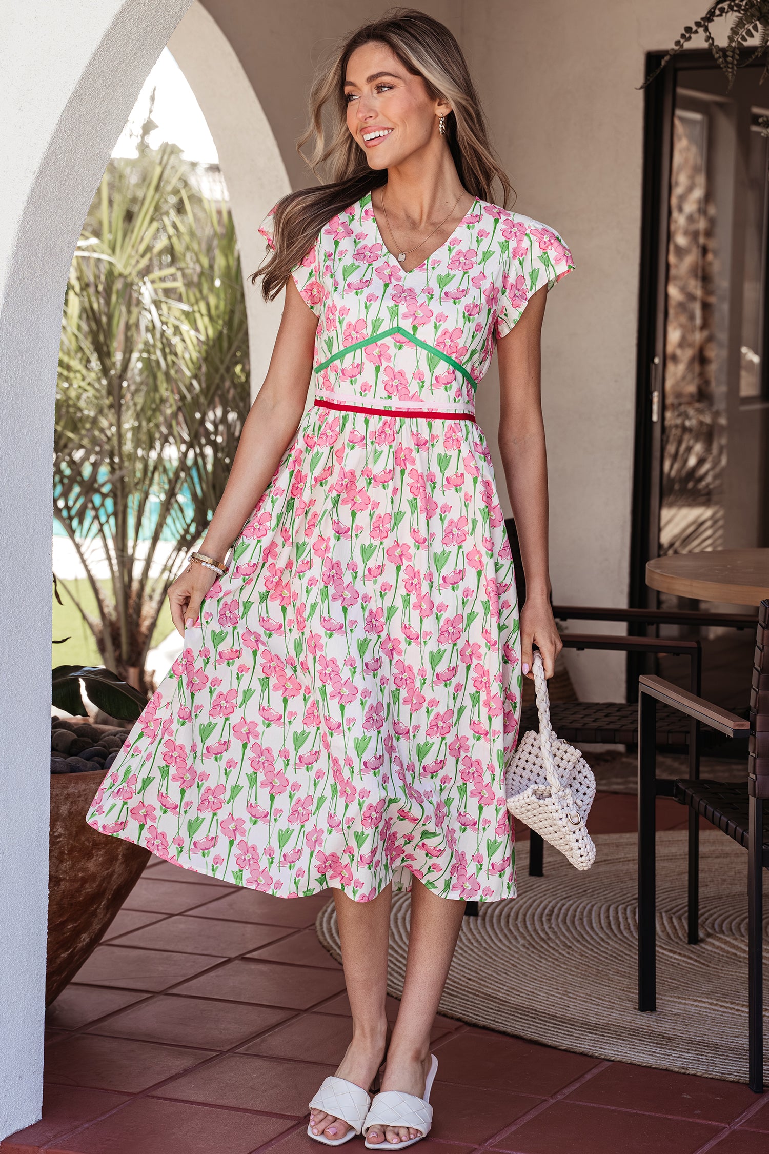 LivelyLooks Pink Floral Contrast Trim V-Neck Short Sleeve Elegant Midi Dress women's fashion